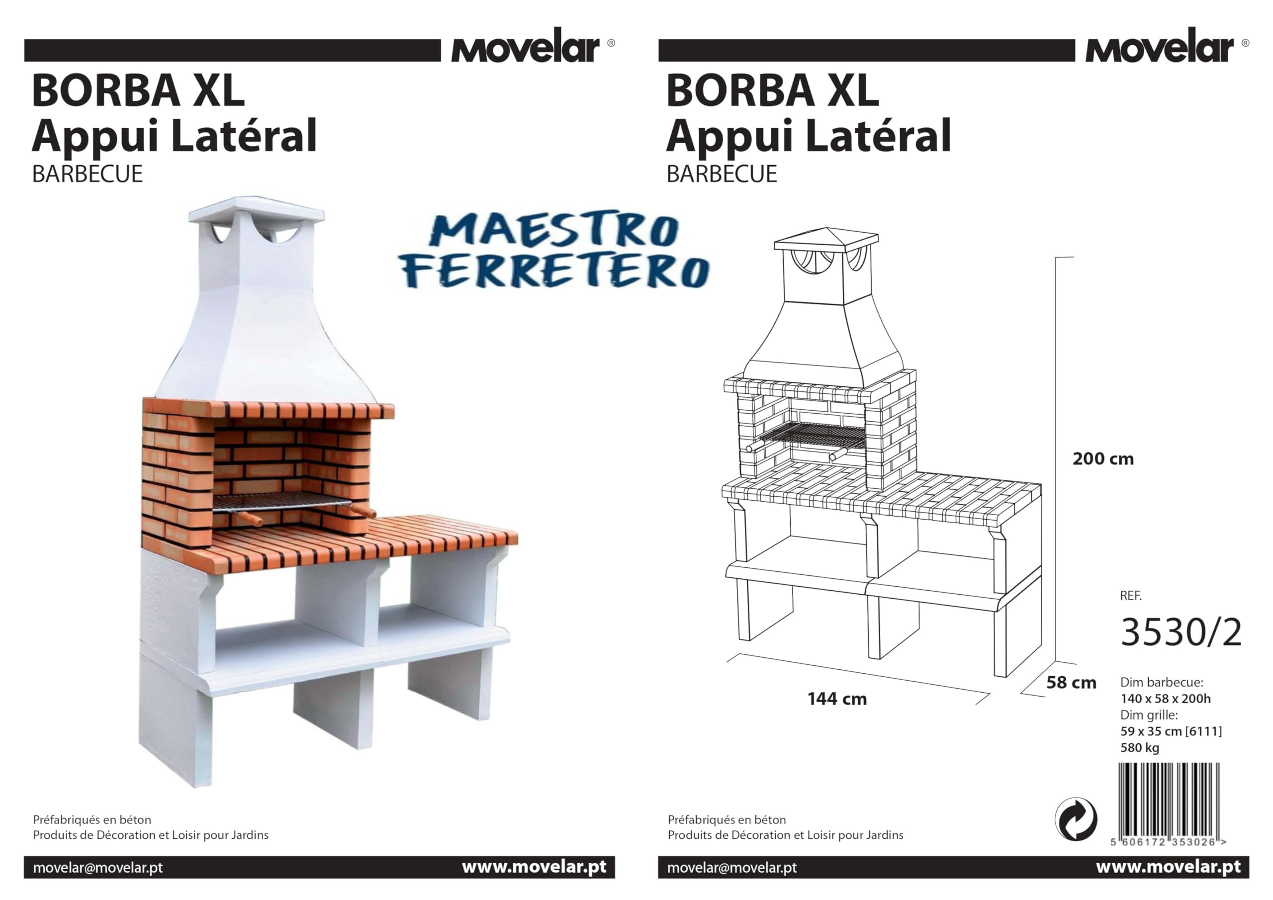 MOVELAR - Barbacoa de Obra Prefabricada de Leña y Carbón Modelo Sines XL (Gris, Naranja - 144 x 58 x 200 cm) REF: 3530/2 - Cocina de Exterior para Jardín o Patio