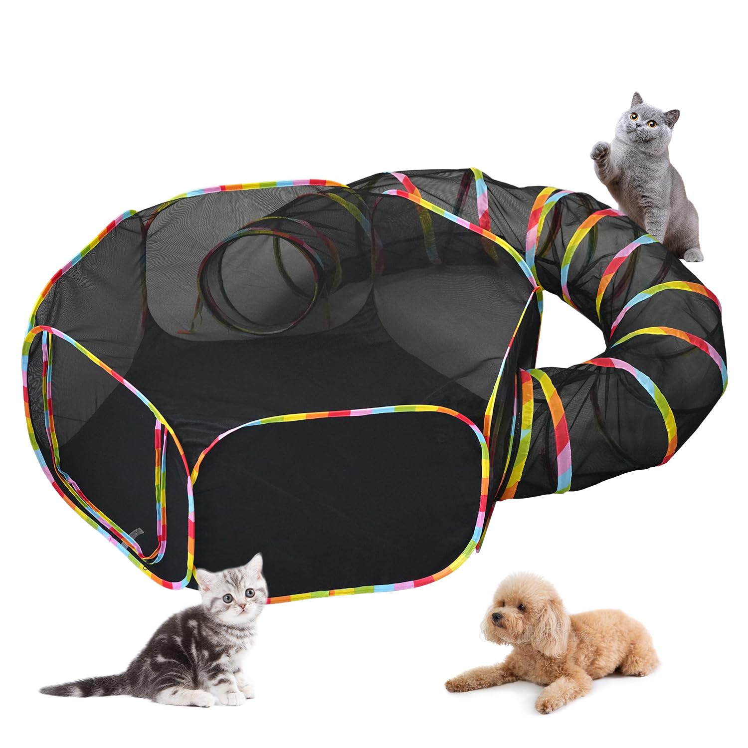 Rainbow Outdoor Cat Enclosures Playground - Portable Cat Tent with Circle Cat Tunnel and Storage Bag - Ideal for Indoor Cats, Kitties, and Small Animals.