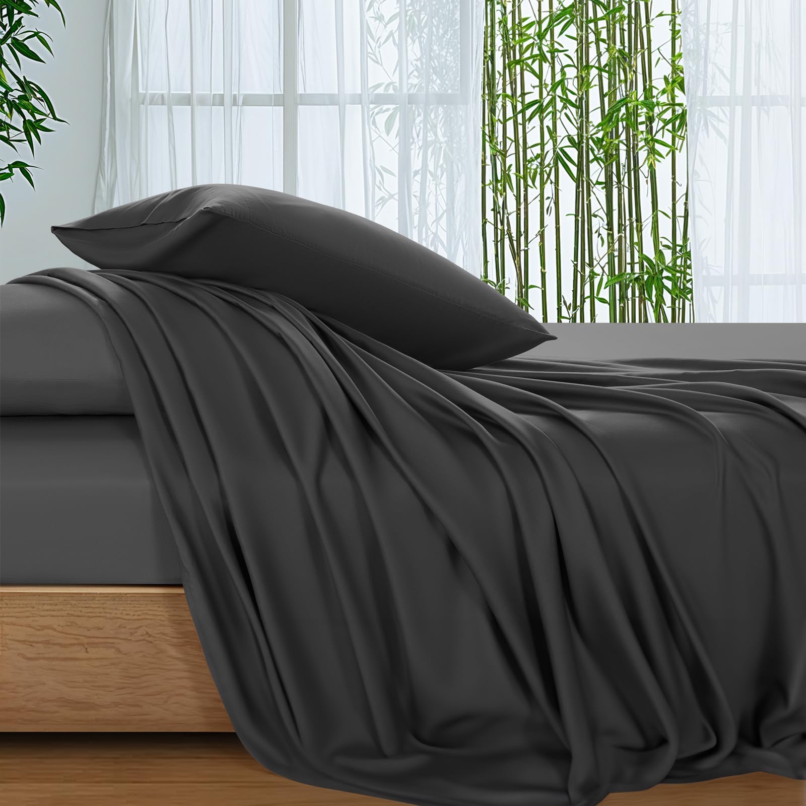 Photo 1 of SONORO KATE 100% Viscose Derived from Bamboo_Sheets Queen Size, Ultra Breathable & Cooling Bed Sheets for Hot Sleepers, Hotel Luxury Silky Bedding Sheets, 16" Deep Pocket - 4PC (Black,Queen)