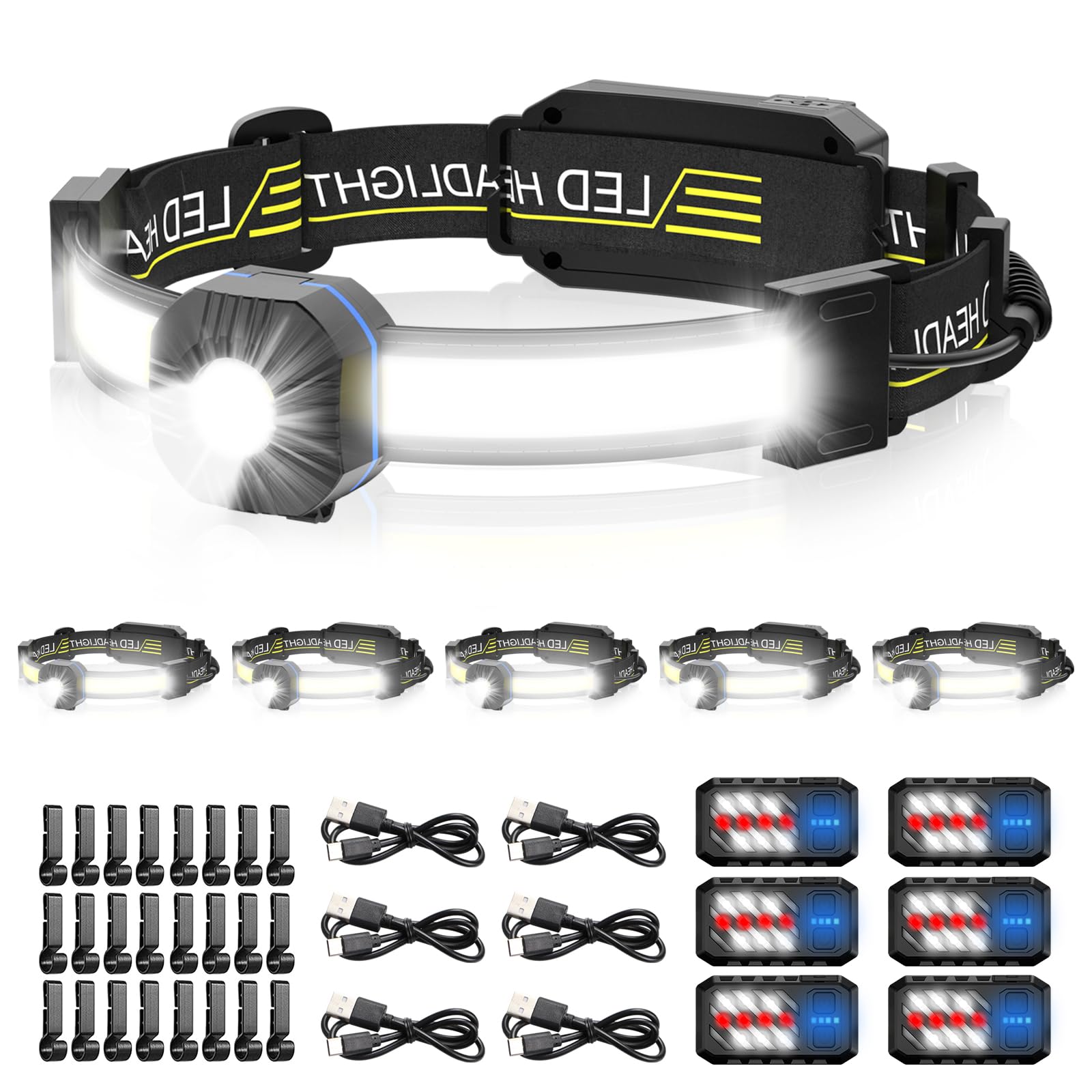LED Headlamp, 1000lumens 230° Widebeam Headlight, USB Rechargeable HeadLamp with Red Taillight, Lightweight Waterproof Headband Light for Camping Running Hiking, Hard Hat Headlamp 6Packs-image-20