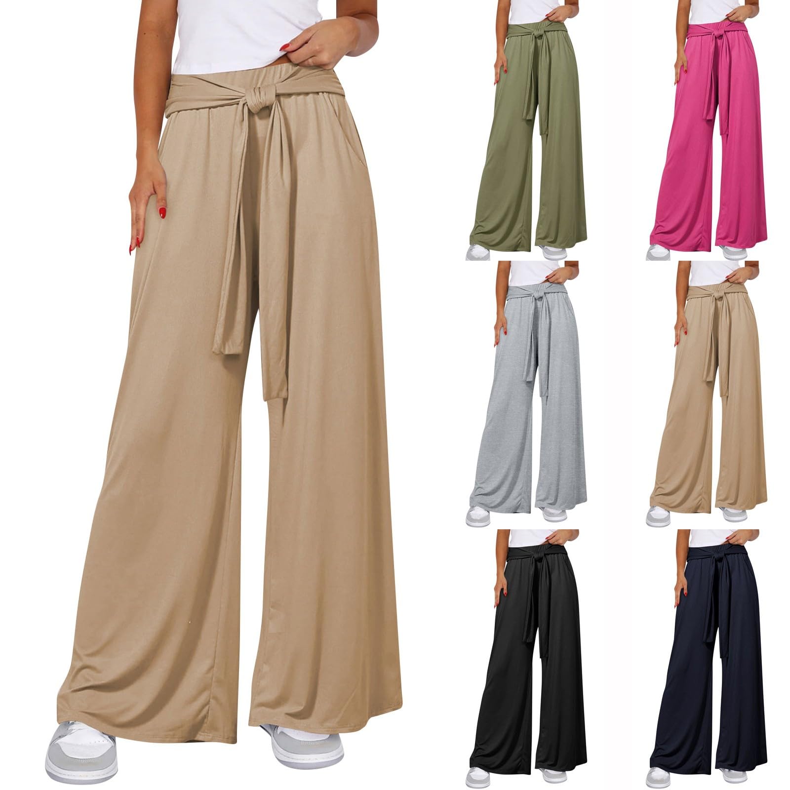 Womens Wide Leg Pants High Waisted Adjustable Tie Knot Flowy Trousers Lounge Loose Business Pants with Pockets