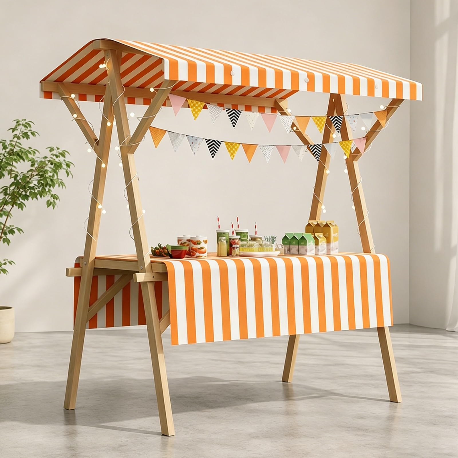 WNGJZZYC Foldable Vendor Cart with Canopy, Food Carts for Sale, Wooden Market Stall Display Stand for Farmers Markets, Street Vendors, Craft Fairs and Pop-Up Shops(Orange,L 150cm/59.1in)