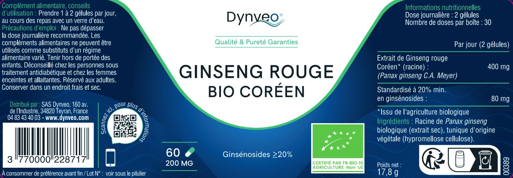 Ginseng BIO Coréen - Panax Ginseng Rouge - Racines 6 ans d'âge - 20% Ginsénosides - Vitalité, Concentration, Stress, Immunité - Qualité Premium - 200mg - 60 gélules (1 à 2 mois) - Dynveo