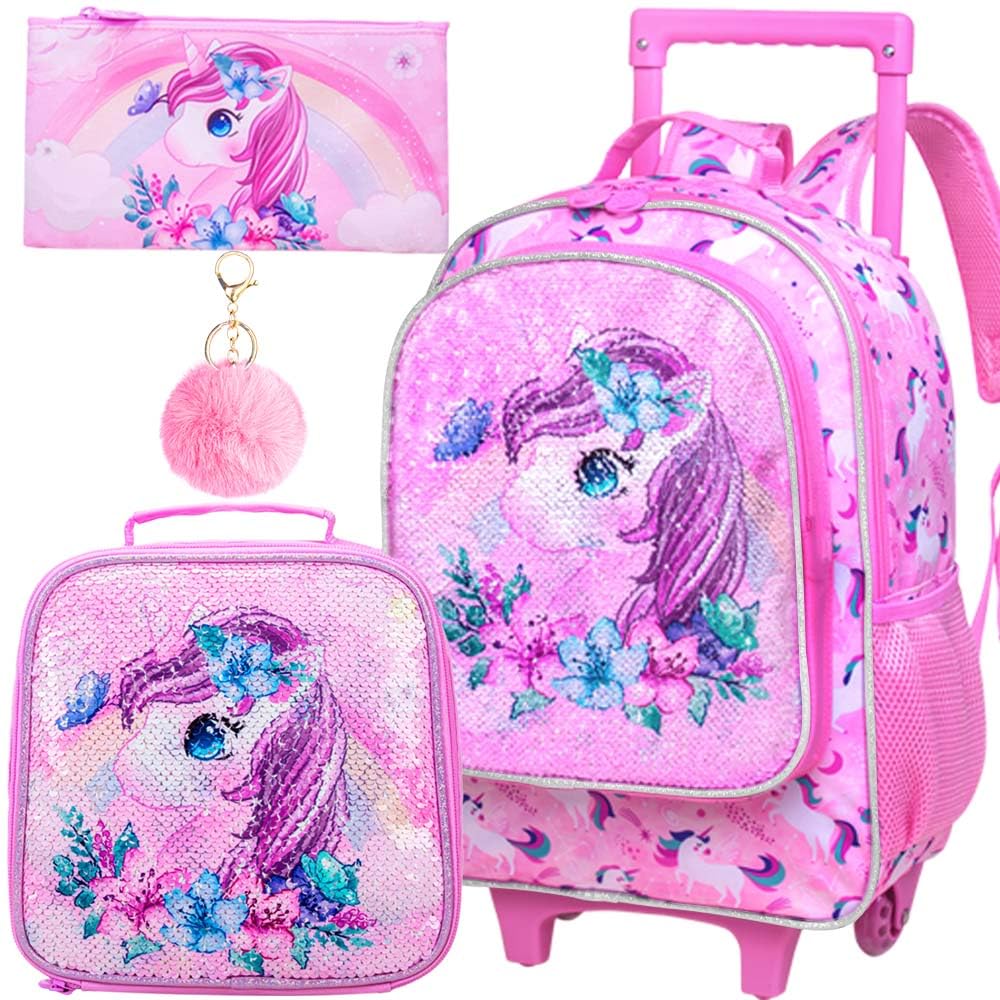 Rolling Backpack for Girls Boys, Kids Roller Wheels School Bookbag with Lunch Bag, Wheeled School Bag for Children