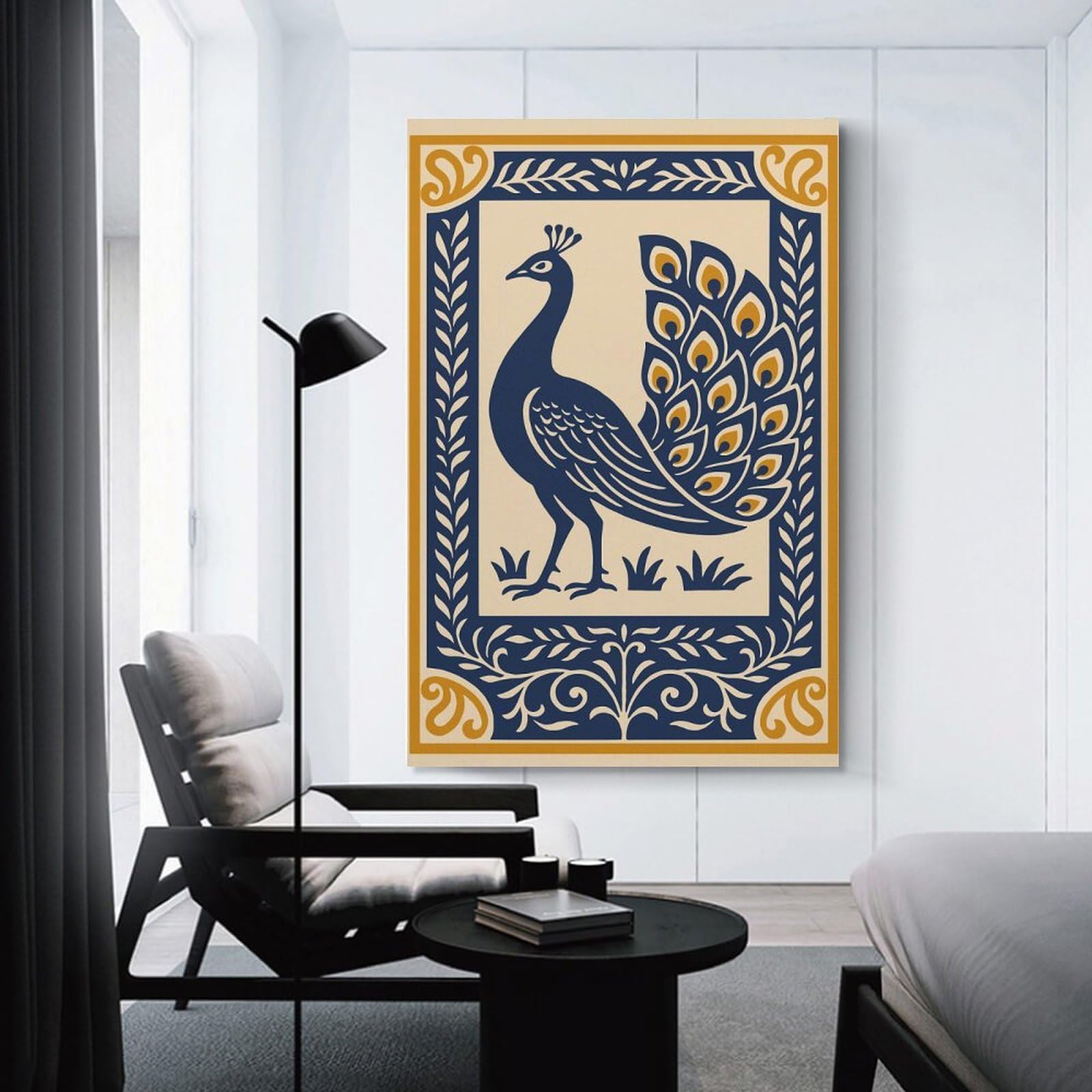 Junmoney Elegant Peacock Illustration with Decorative Border Canvas Wall Decor 20x30inch(50x75cm), for Entrance Walls, Hall Decor Or Foyers, Wall Decor to Refresh Empty Corners