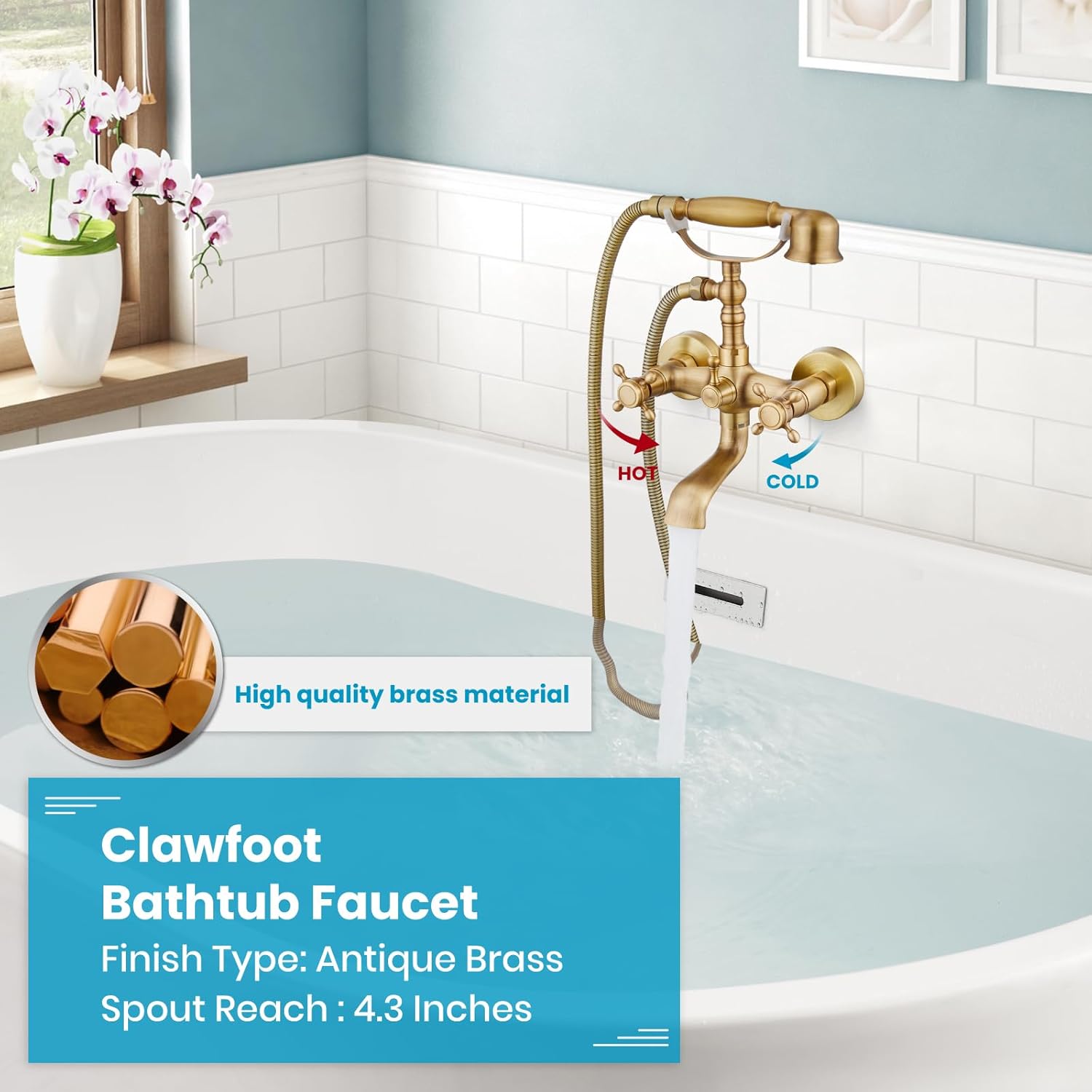 gotonovo Wall Mount Clawfoot Bathtub Faucet with HandHeld Spray and 360° Double Cross Handle Swivel Spout Vintage Tub Shower Faucet Set with Adapter Adjustable Swing Arms Antique Brass