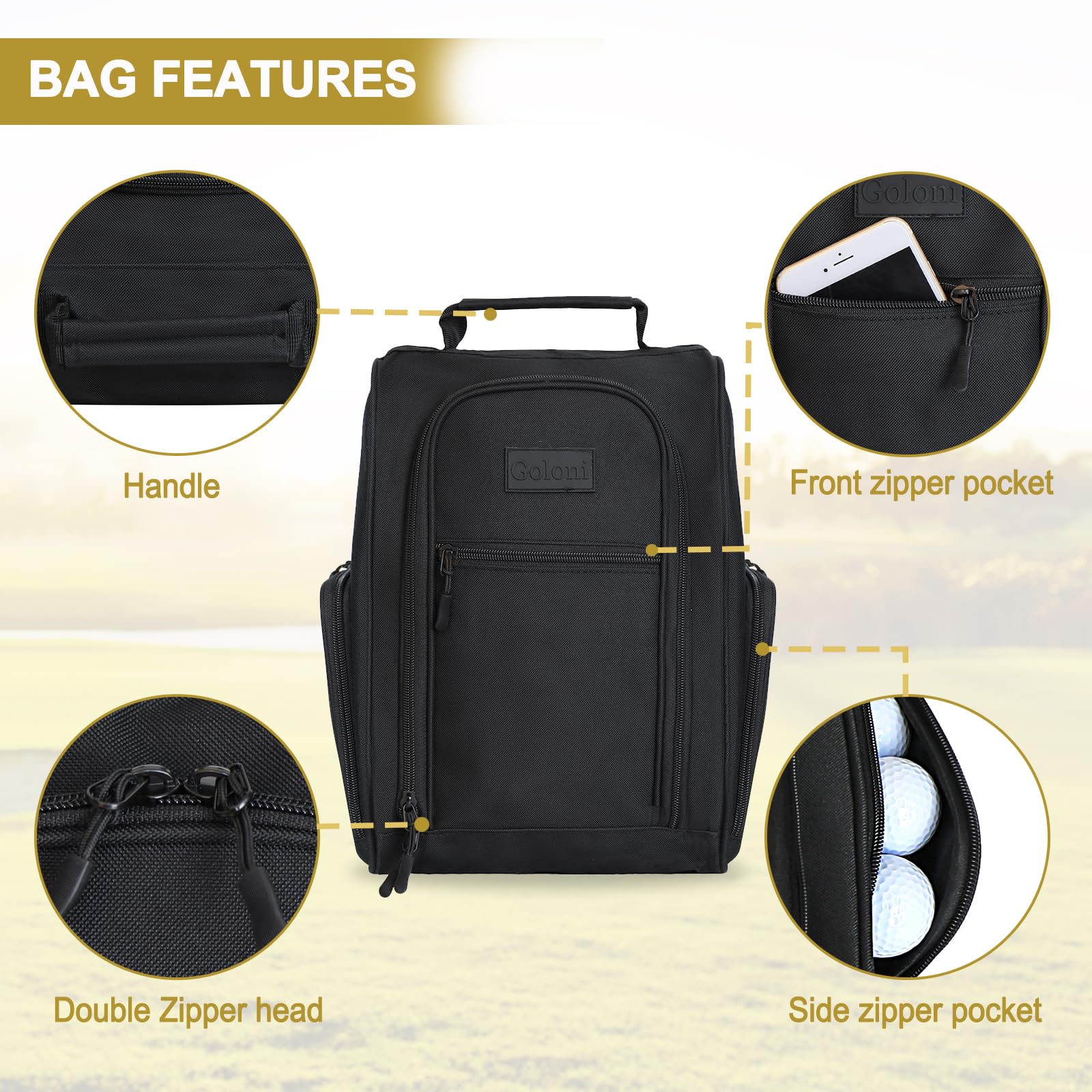 Goloni Golf-Schuhtasche für Damen und Herren, gepolsterte Reise-Schuhtasche mit seitlichen Zubehörtaschen, Sportschuhträger für Golfschuhe, Socken, Tees und Bälle, langlebiges und leichtes Design