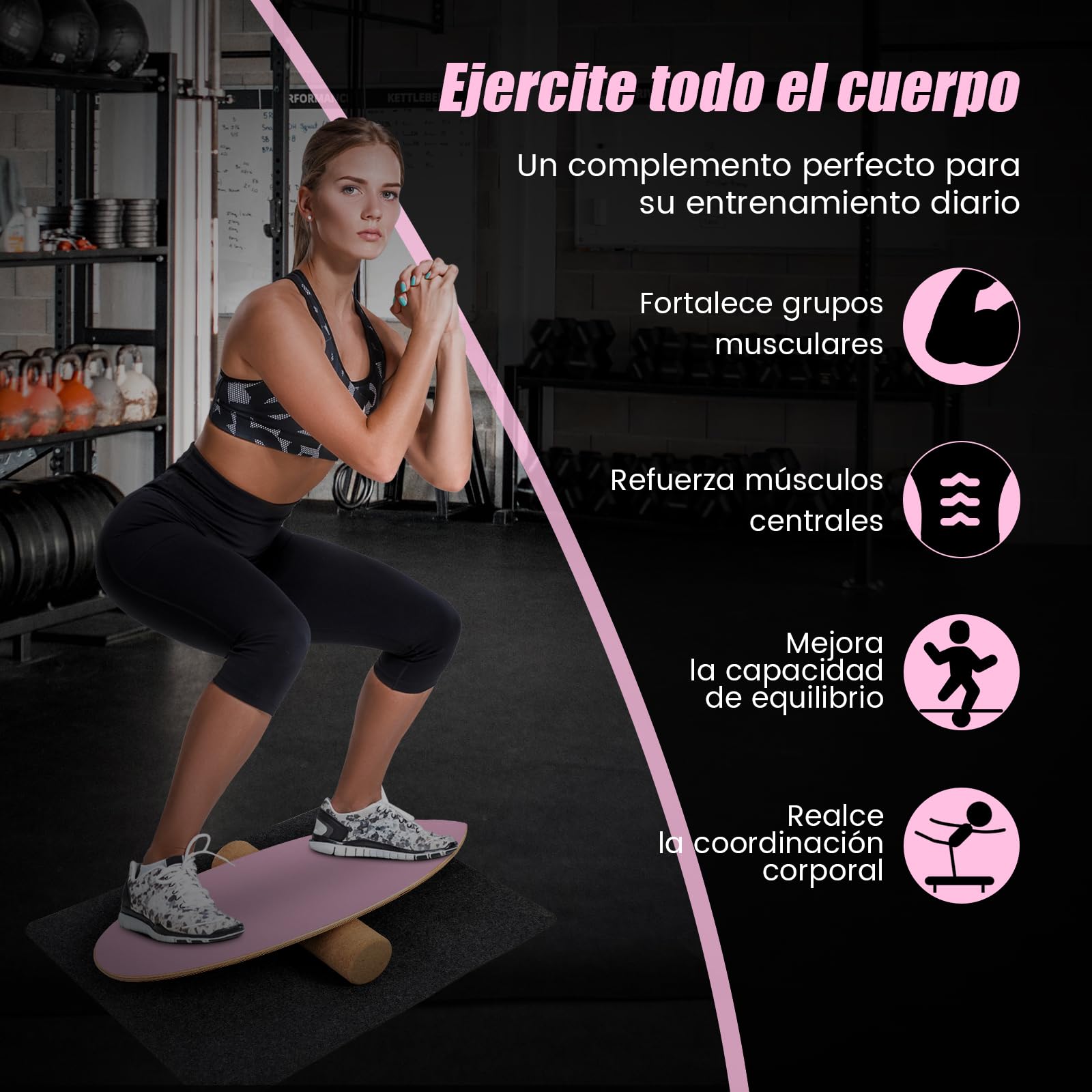 GYMAX Tabla de Equilibrio de Madera con Rodillo de Corcho y Estera de Protección, Tabla de Equilibrio para Surf de Interior, Tabla de Surf