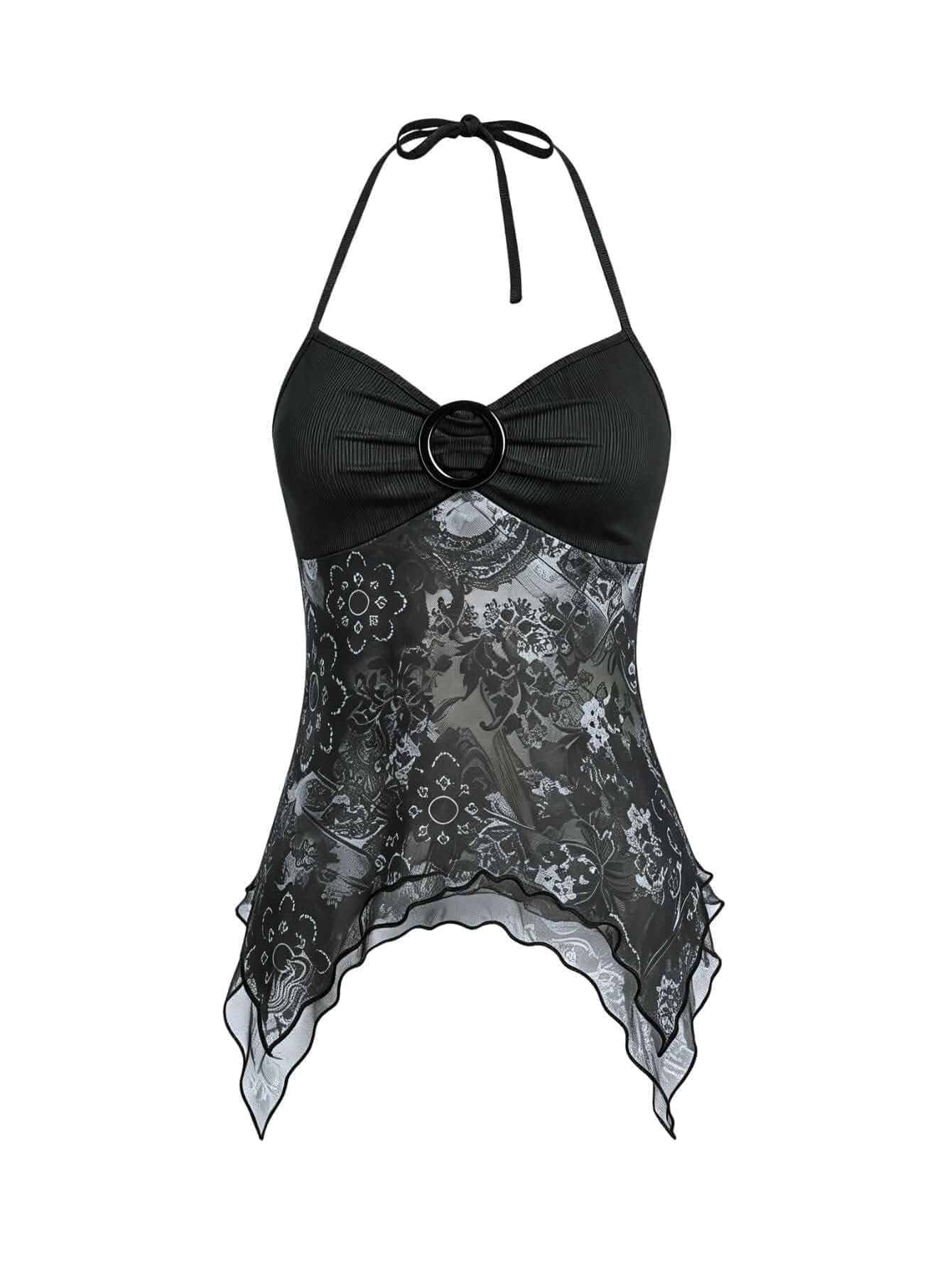 Verdusa Women's Y2k Halter Top Mesh Asymmetrical 2000s Going Out Tops Halter Top, Fairy, 2000s Clothes, , Button, Asymmetrical Top, Goth Top, Country Concert Outfits