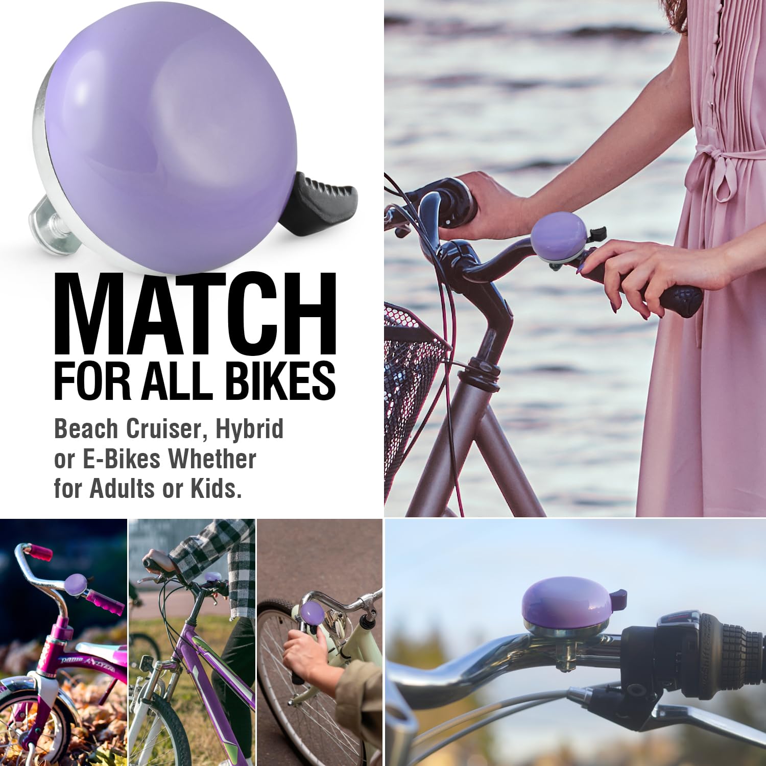 MARQUE Beach Cruiser - Timbre de bicicleta clásico para adultos y niños con sonido de anillo tradicional (morado)
