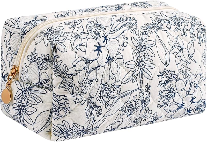 Necessaire de maquiagem Gleyemor acolchoada com estampa floral marinho e laço