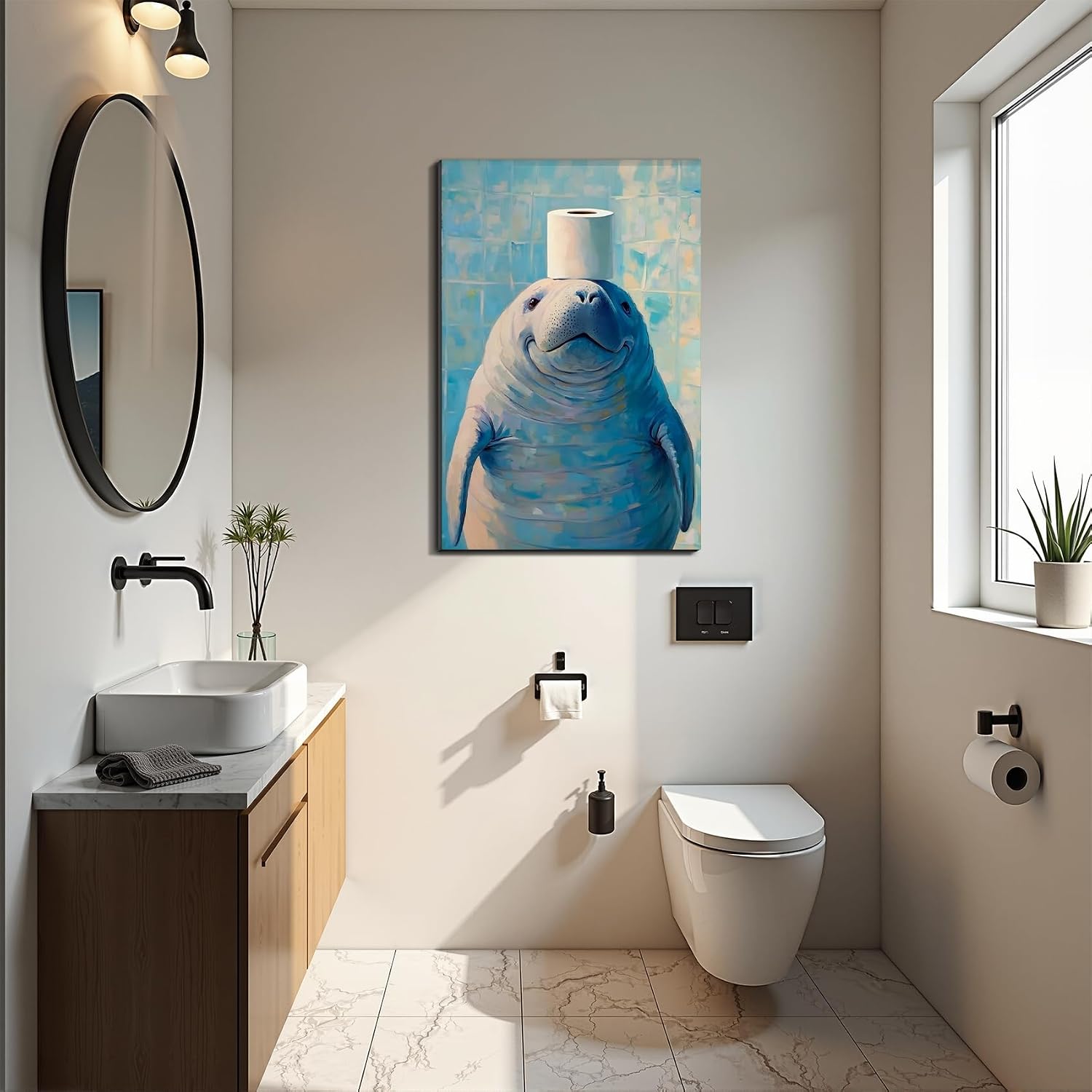 FLZYKGPA Colorful Funny Otter Bathroom Canvas Print Pictures, Cute Aquatic Animal Art for Kids Bathroom and Toilet Room Decor, Framed, Ready to Hang