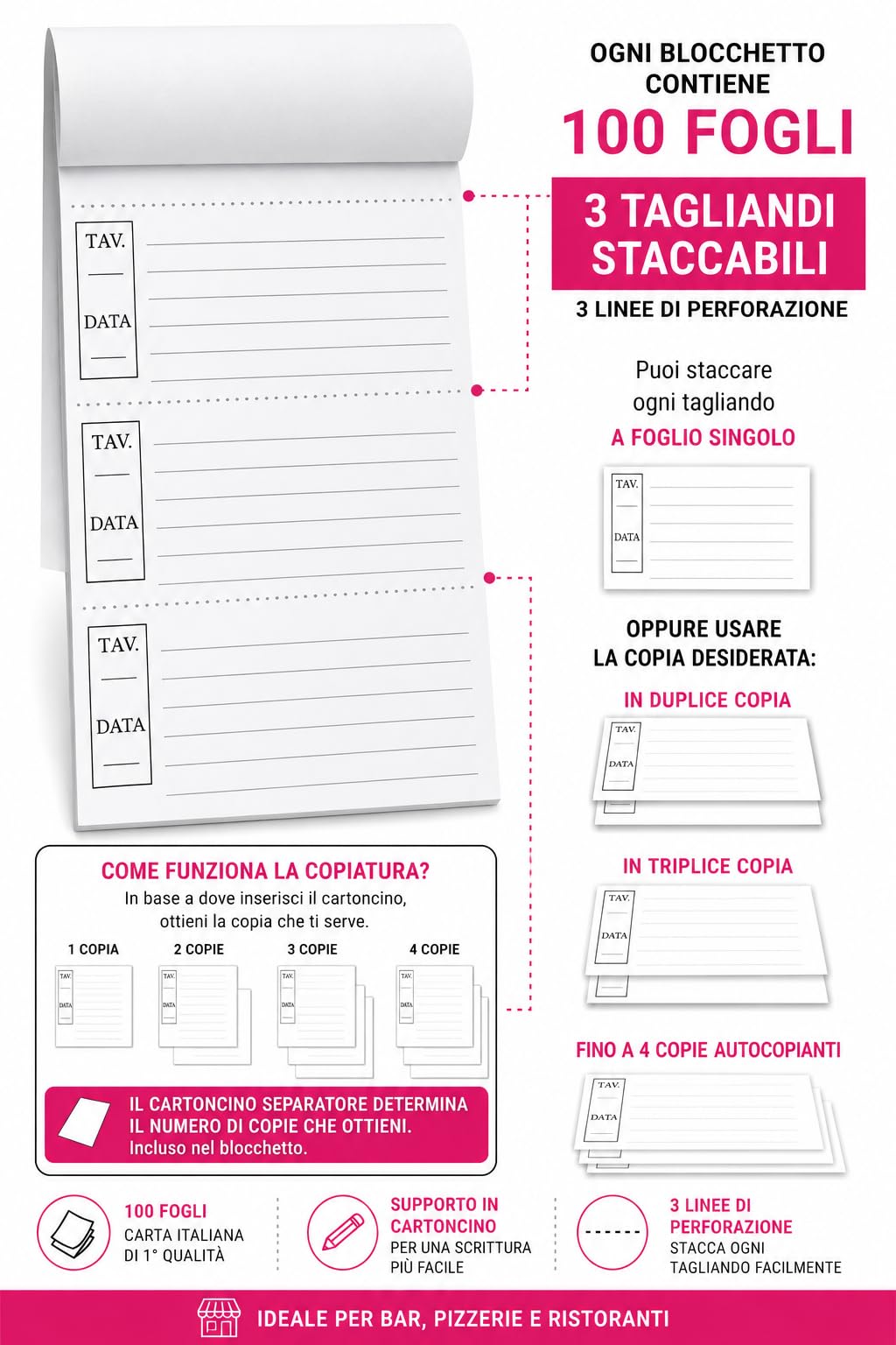 Blocchetti Comande Ristorante Autocopianti - 100 Fogli Regolabili da 1 a 4 Copie Ricalcanti - Blocco Comande Cameriere per Bar, Pizzeria, Pub, Trattoria - Made in Italy (50 Blocchi) | Fogli autocopianti - copie regolabili da 1 a 4 spostando il cartoncino