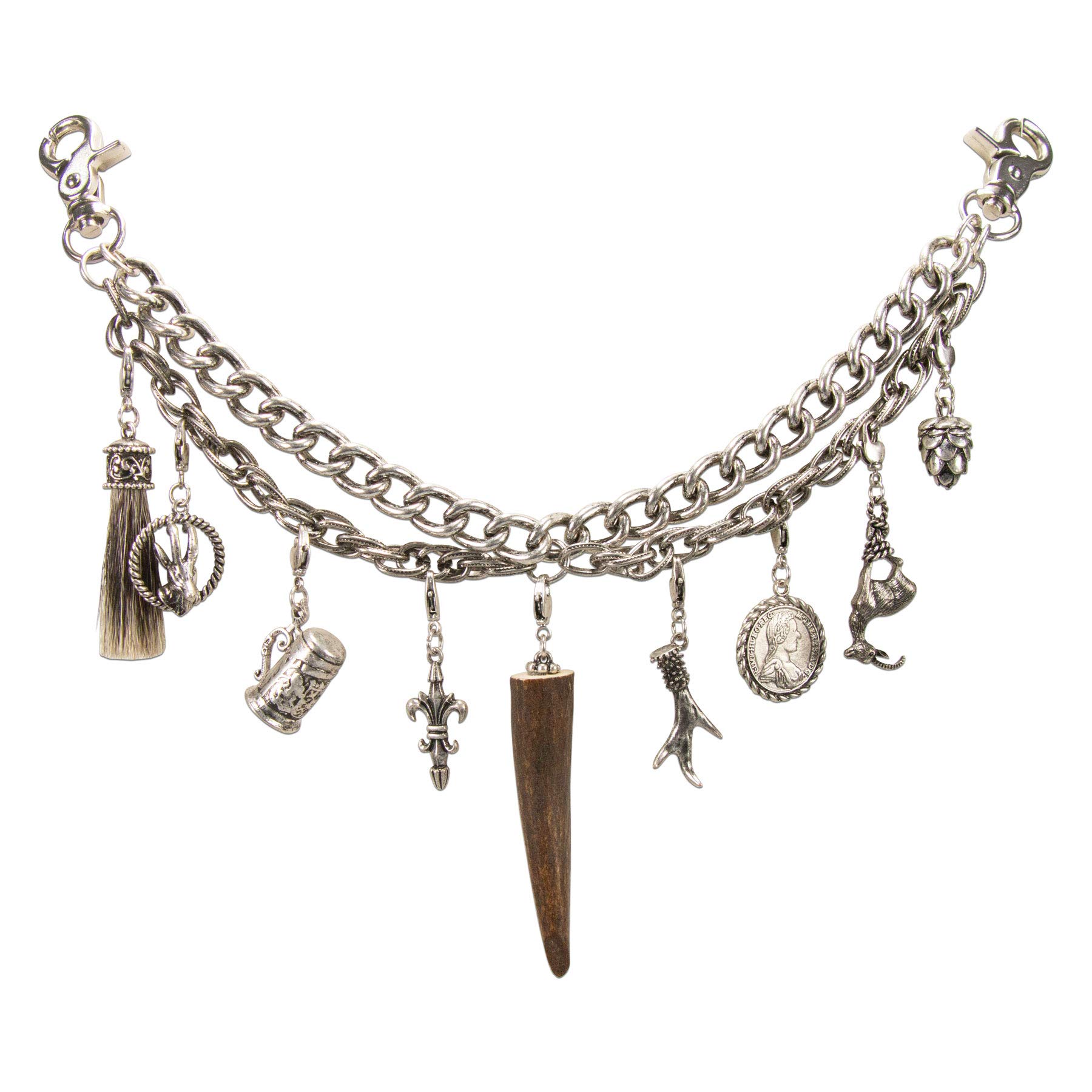 Alpenflüstern Trachten-Charivari Lorenz - Hochwertiger Herren-Trachtenschmuck mit Trophäen-Anhängern für die Lederhose, echtes Hirschhorn, (antik-silber-farben) HCH037