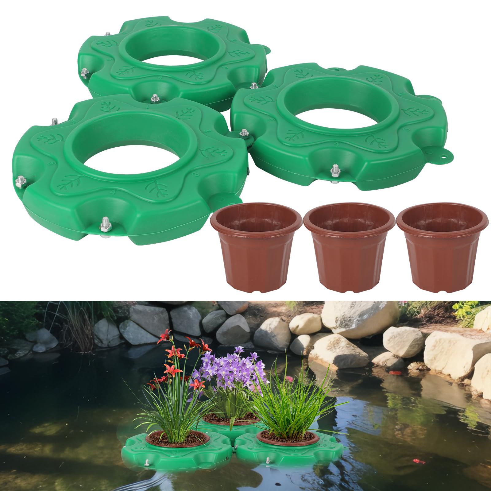 GHIBFBT Floating Pond Planters, Decorative Hydroponic Island Garden Planter for Aquatic Plants, Plastic lant Baskets for Pool, Landscaping (3, Round+Brown pot)
