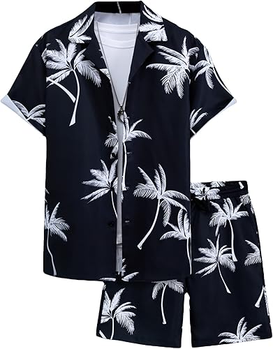 MakeMeChic Conjunto casual de 2 piezas para hombre de manga corta con botones y pantalones cortos