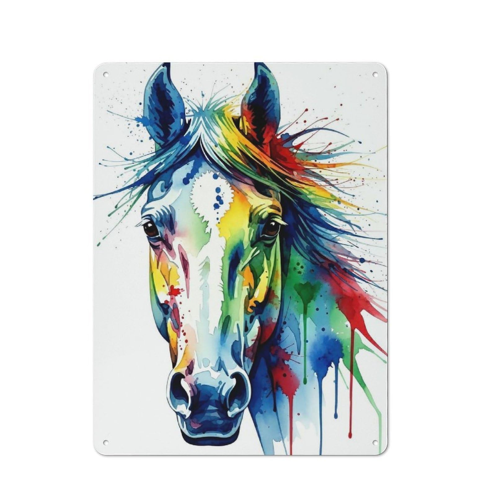 Colorful Watercolor Horse Portrait Decorative Metal Plaque 40x30cm, Loft Style Urban Room Decor for Flat, Bar, Studio Or Gallery Wall
