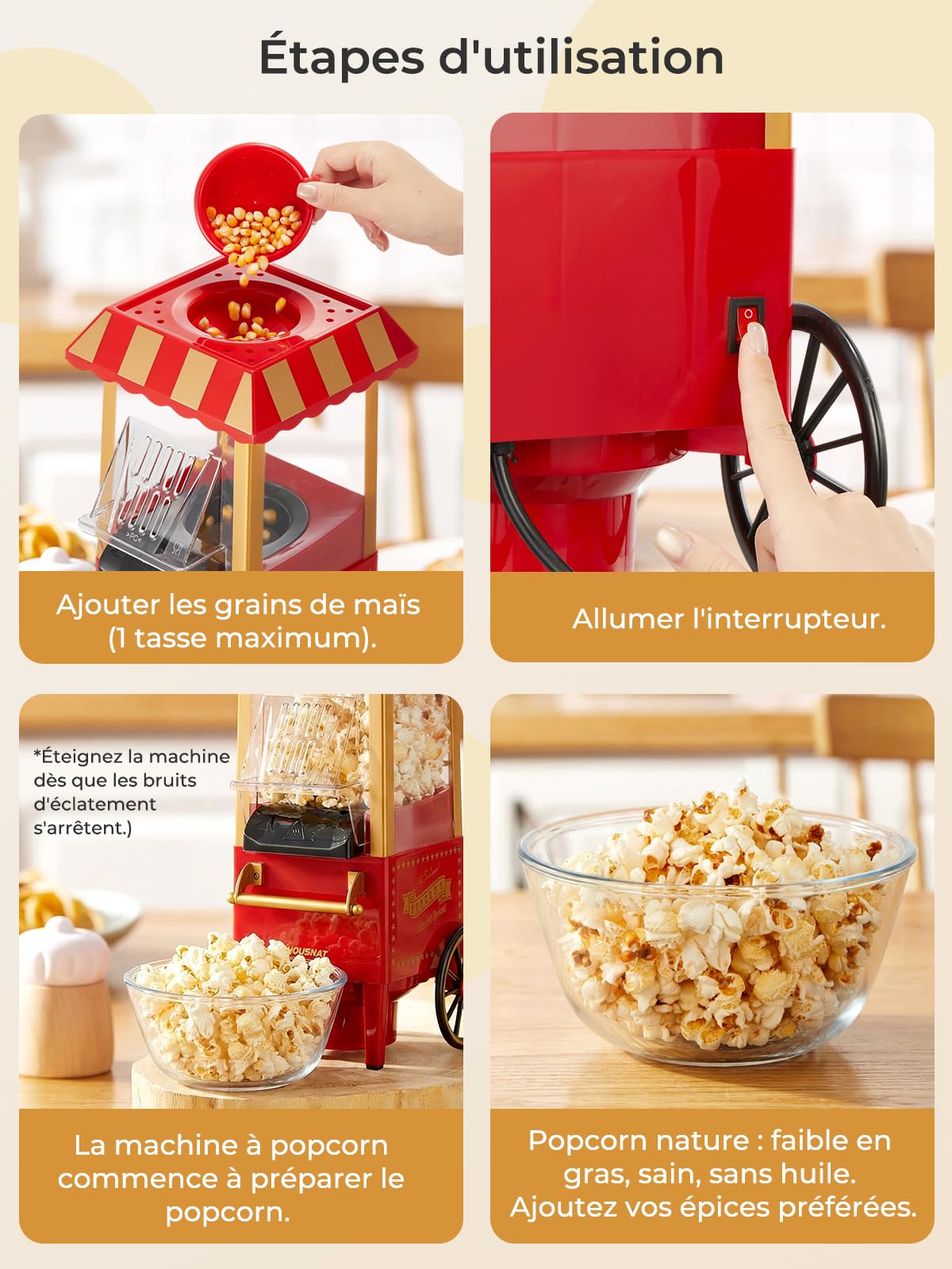 3,5L Machine a Pop Corn, HOUSNAT 1200W Machine à Popcorn à Air Chaud, Popcorn Allégé Sans Huile, Popcorn Prêt en 3 Minutes – Idéal pour la Famille et les Soirées Entre Amis