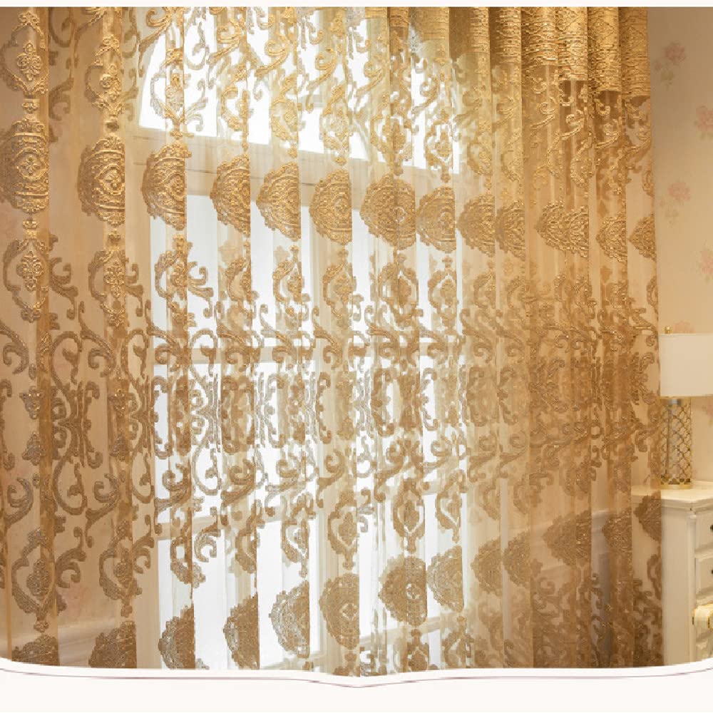 Amidoudou 1 Paar luxuriöse europäische durchsichtige Vorhänge hohl bestickte Tüllvorhänge für Schlafzimmer Wohnzimmer (Gold, 168 x 228 cm)