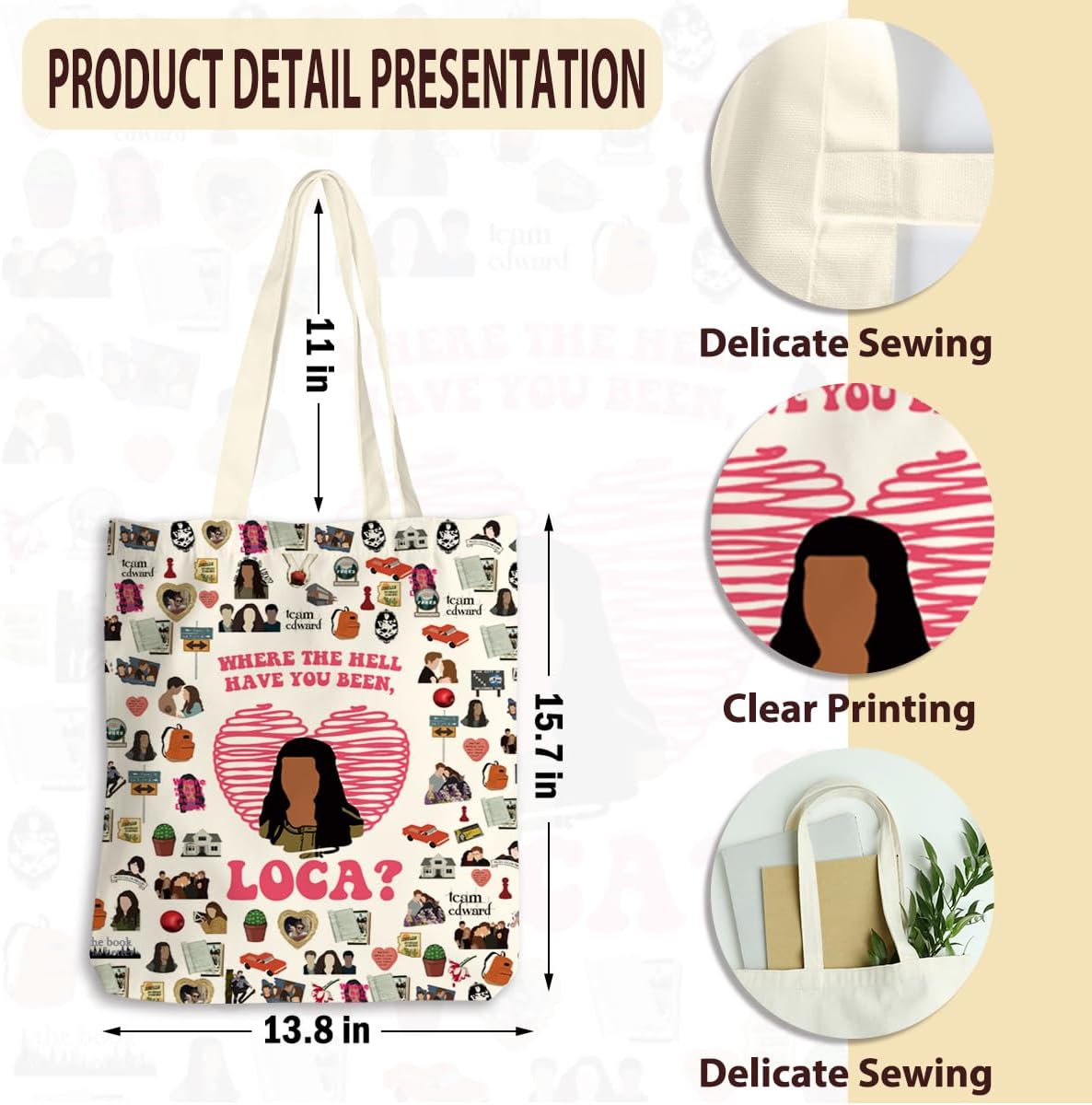 LONGXIN Twilight Merch, Tote Bag for Women, Movie Inspired Gifts Fans, Reusable Canvas Cute Shoulder Bag for Shopping, Grocery, Work, Book - Image 4