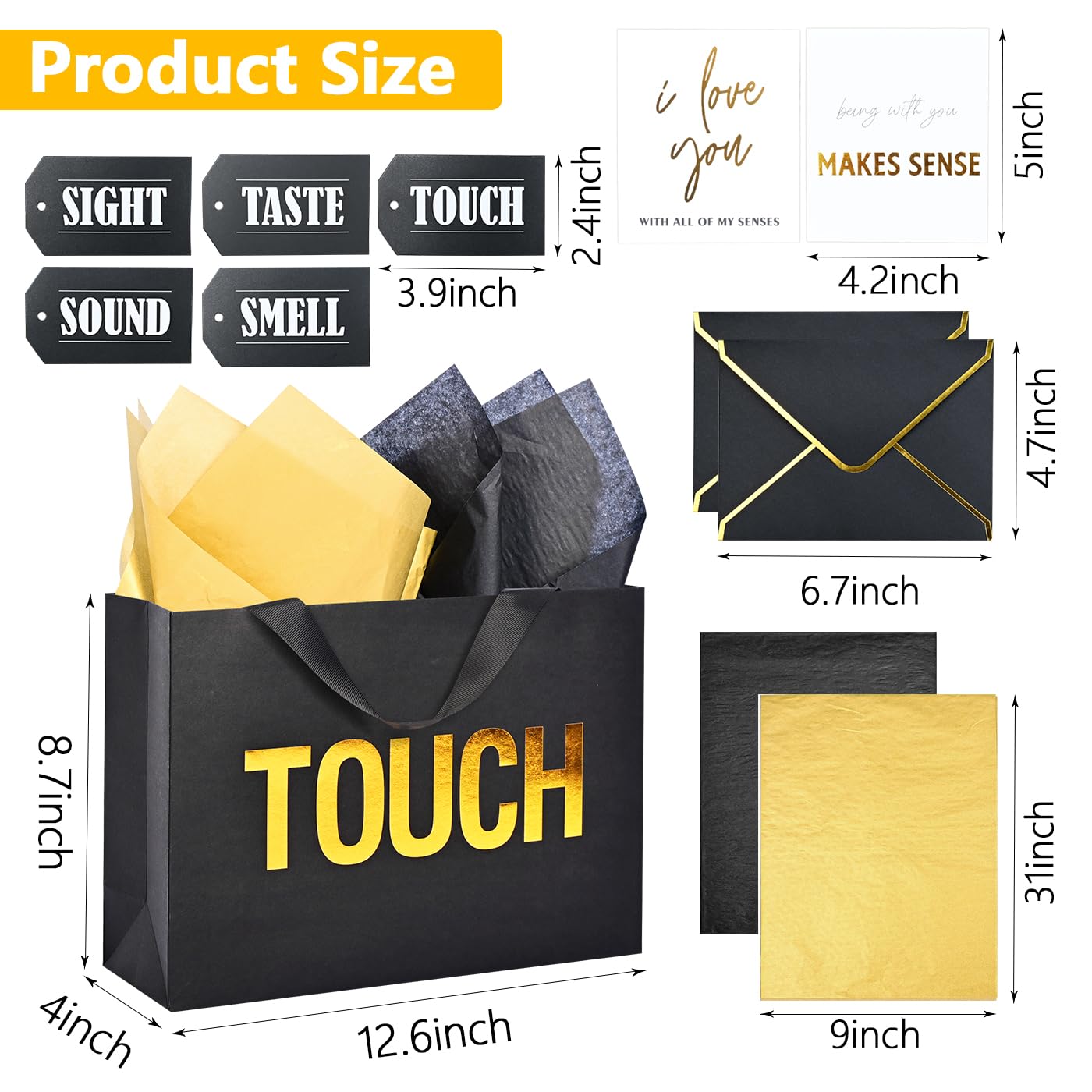 Large 5 Senses Gift Bags for Him with Labels, Envelopes and Cards,Gold Foil Five Senses Gift Bag for Her with Handles & Tissue Paper for Valentine's Day, Birthday, Wedding, Anniversary 12.6"X8.7"X4"