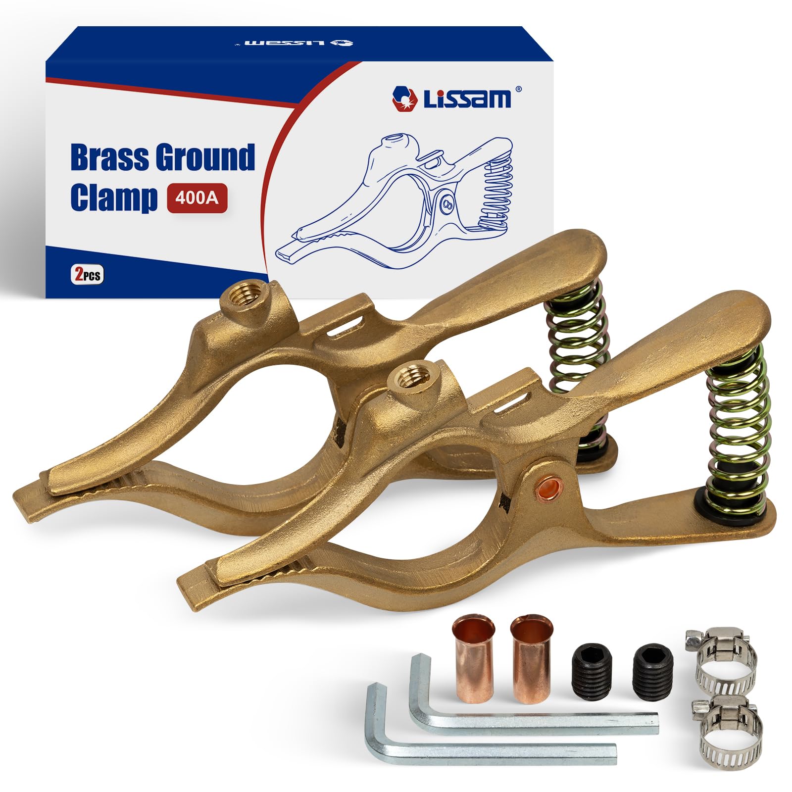 LISSAM 400 Amp Brass Welding Ground Clamp for Welders, Heavy Duty, 2-Pack