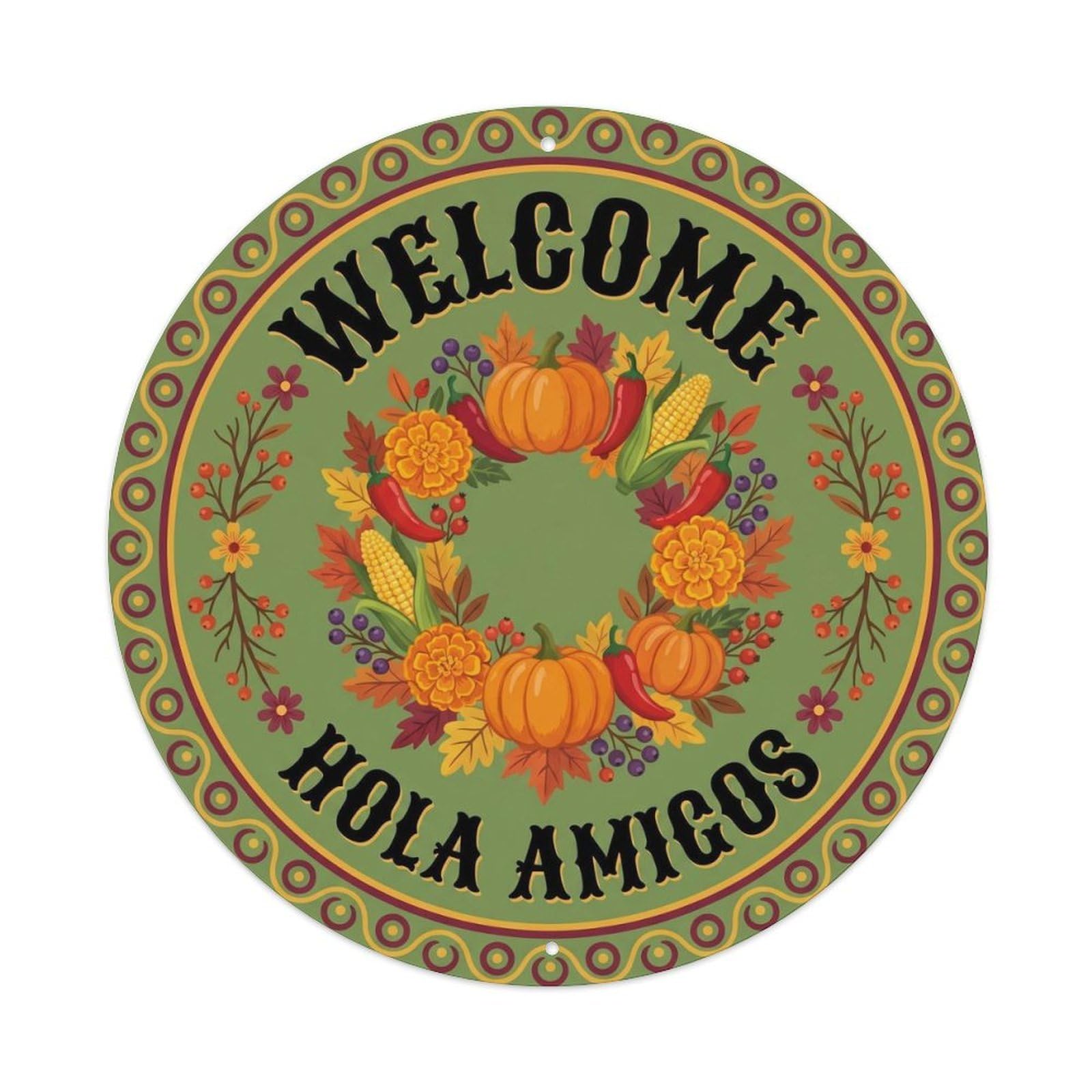 Wreath Tile Hola Amigos Mexican Folk Floral Greeting Metal Tin Sign