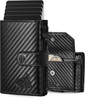 Fa.Volmer ® POP-UP Card Case with Genuine Leather Coin Wallet for Men and Women | 12 Cards | RFID Protection | Wallet VO45P (Antique Brown, Large Coin Pocket), Charcoal, Großes Münzfach