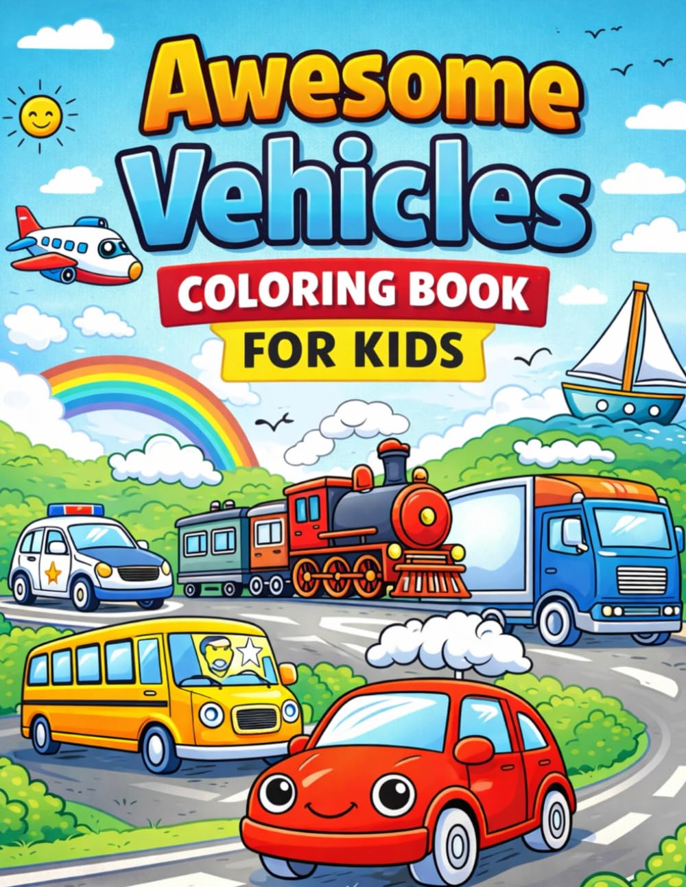 Awesome Vehicles Coloring Book: Cars, Trucks, Trains, Planes and Boats Coloring Book for Kids Ages 4-6