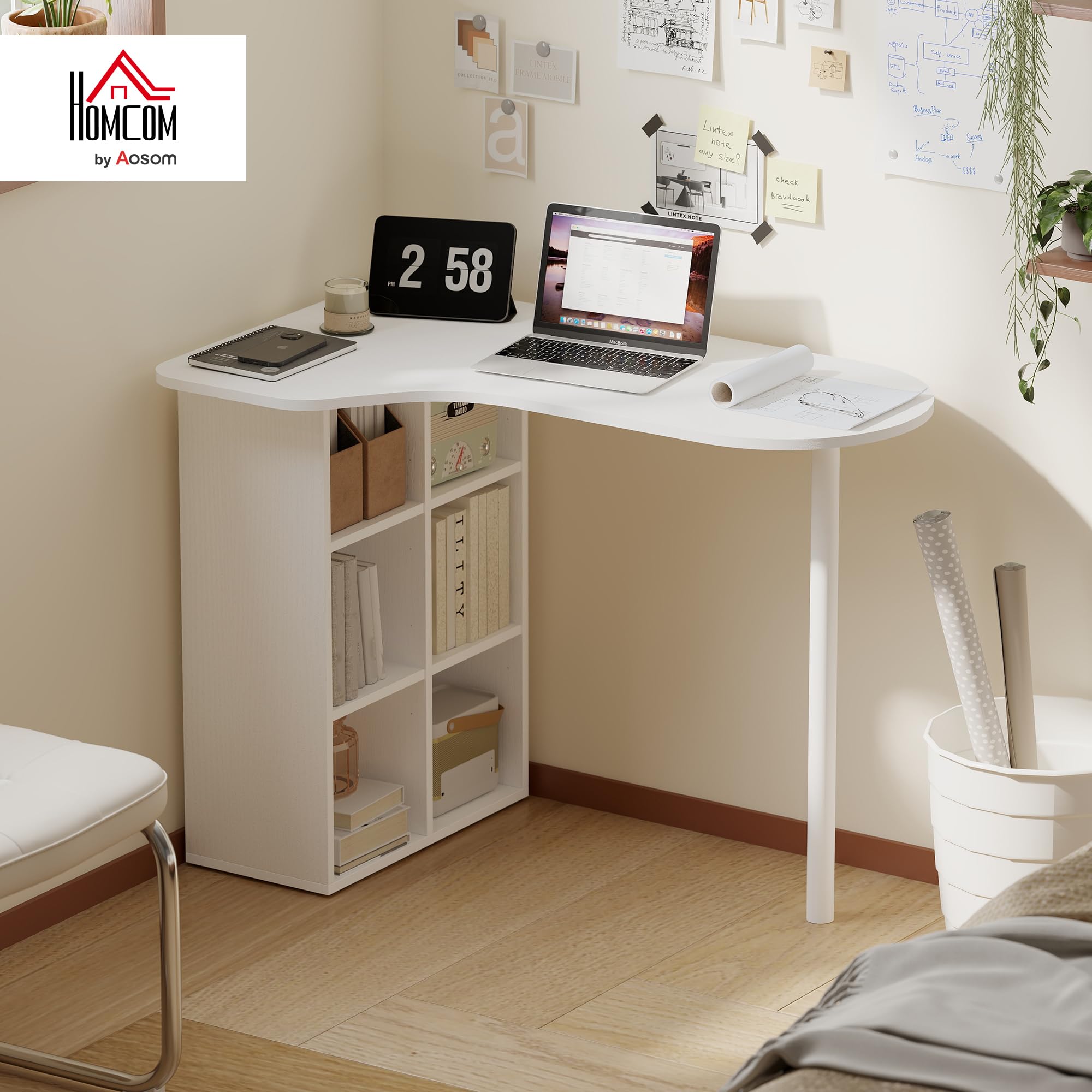 HOMCOM Scrivania Salvaspazio, con 6 Scomparti, 100x59x75.5 cm, Bianco | Scrivania Piccola, 4 Scaffali Regolabili, Piano Ricurvo, Tavolo Computer, per Casa, Studio e Ufficio