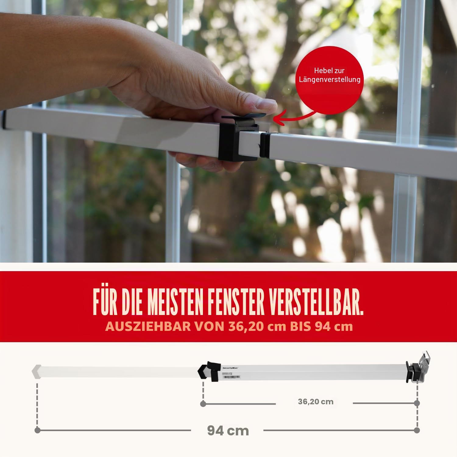 SecurityMan Fenster-Sicherheitsstange – einfache Installation für horizontale/vertikale Fenster – verstellbare Fenstersicherung (kindersicheres/robustes Eisen) – ausziehbar (36,2 cm bis 94 cm)
