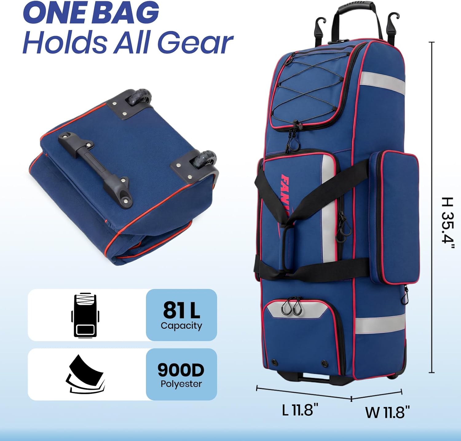 Fanwoli Rolling Baseball Bag with Wheels, Large Softball Catchers Gear Bags for 4 Bats (Fits Up To 32), Separate Shoe Compartment, Safety Reflective Strip, Fence Hook, Portable Bag for Youth & Adult