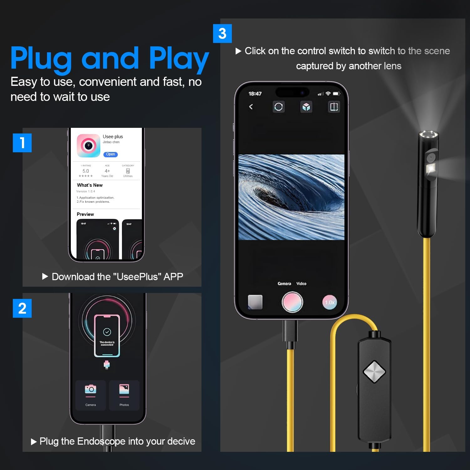 Endoscope with Light, 1920P HD Borescope with 8 Adjustable LED Lights, 16.4FT Semi-Rigid Snake Camera, IP67 Waterproof Inspection Tool for iPhone & Android - Dual Lens (Yellow) - Image 7