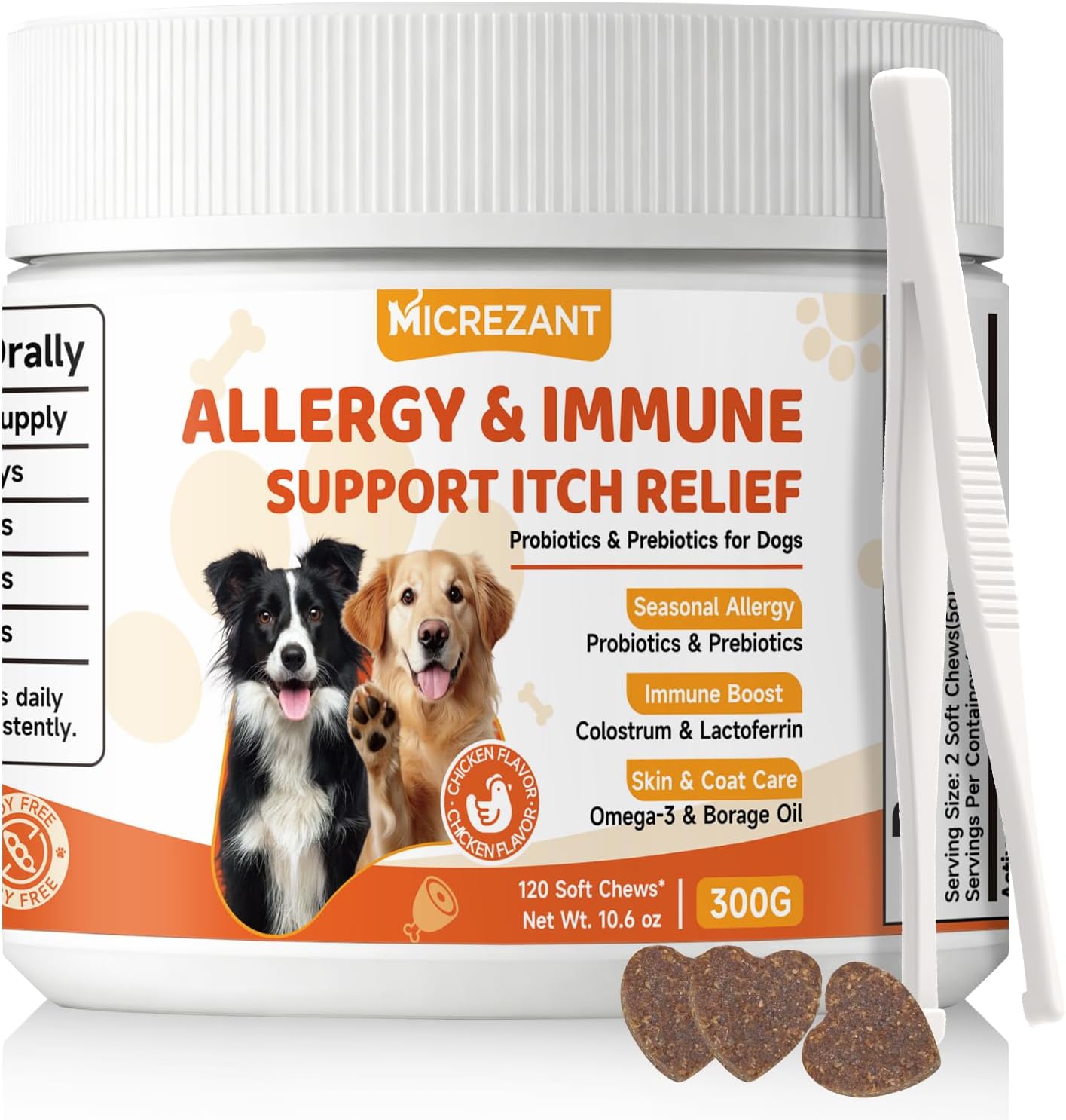 Dog Allergy Chews with Feeding Tweezers, Dog Probiotics for Itchy Skin and Ears, Bovine Colostrum, Lactoferrin and Multivitamins to Ssupport Immune Health for All Ages/Breeds, Chicken, 120 ct/300g
