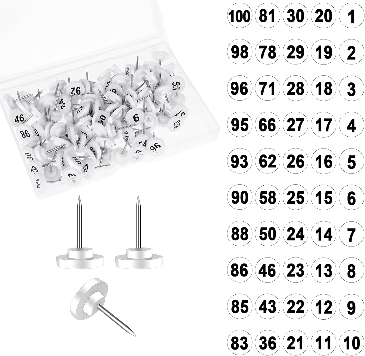100PCS Numbered Tacks, Numbered Push Pins for Map, Map Pins with ...