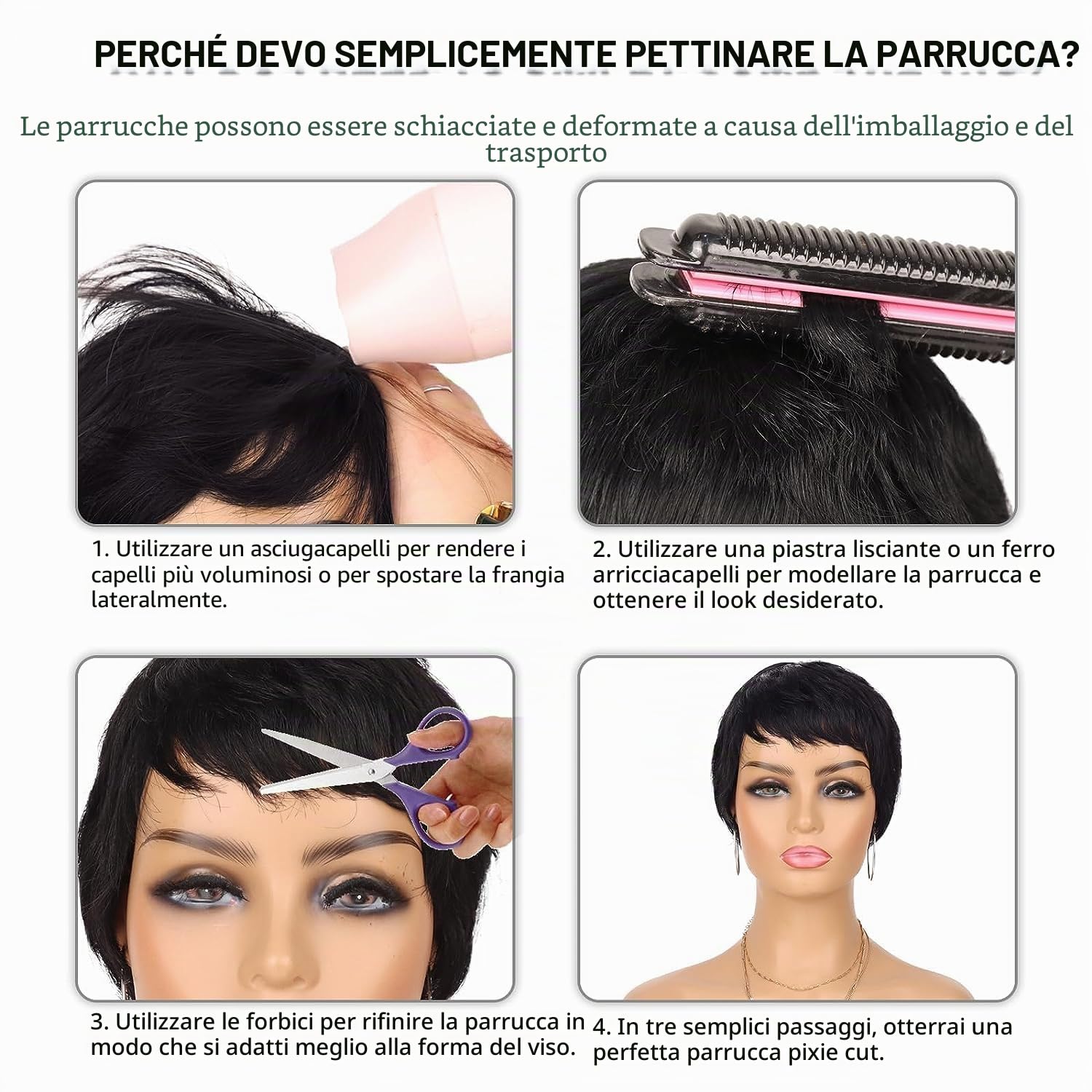 Short Human Hair Wigs for Women Parrucca Donna Capelli Veri Umani Corti Pixie Cut Wigs with Bangs Straight Boy Cut Ladies Wigs Nero Natural 1B