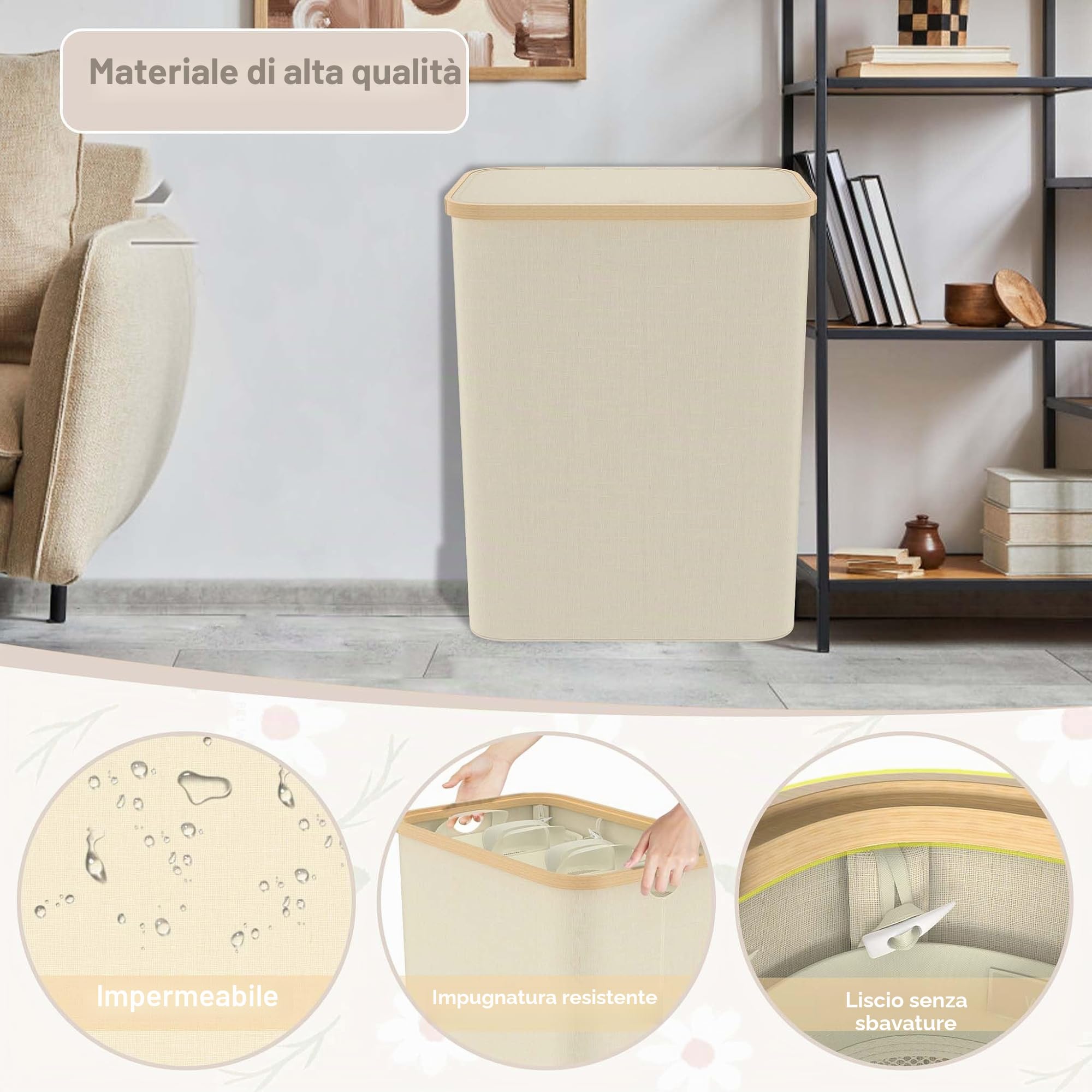 LILIIN 140L Cesto portabiancheria con coperchio, contenitore per biancheria a 3 scomparti, sacco per la biancheria stretto, cesto pieghevole per la biancheria, cesto per la biancheria con manici
