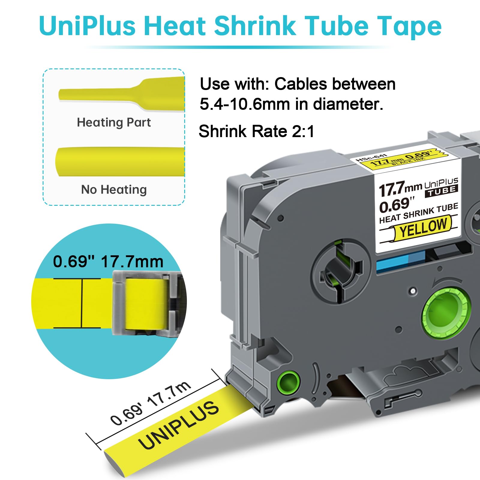 UniPlus 3 x Shrink Label Compatible with Brother P Touch HSe-641 HSe641 HS641 Heat Shrink Tubes Black on Yellow 17.7 mm x 1.5 m for Brother PT-E550WVP PT-E300 PT-D210VP 600VP P750W P950NW H300 - Image 2