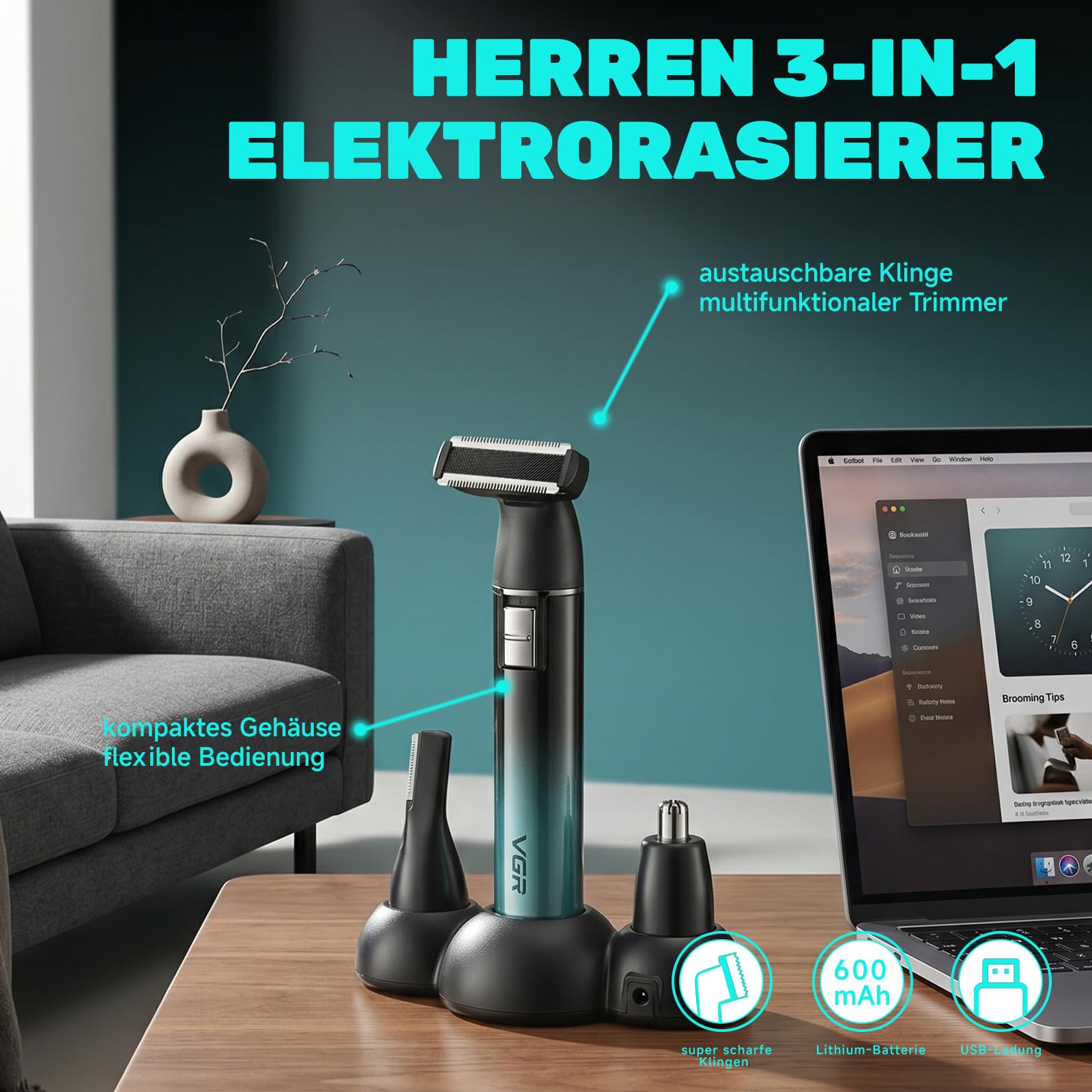 VGR 628 3 in 1 Körperrasierer Herren, Kabelloser Intimrasierer Mann, Nasenhaartrimmer Herren und Body Groomer Men mit Basis, Geeignet für Brust, Beine, Achselhöhlen, Nase und Gesicht, IPX5, Grün