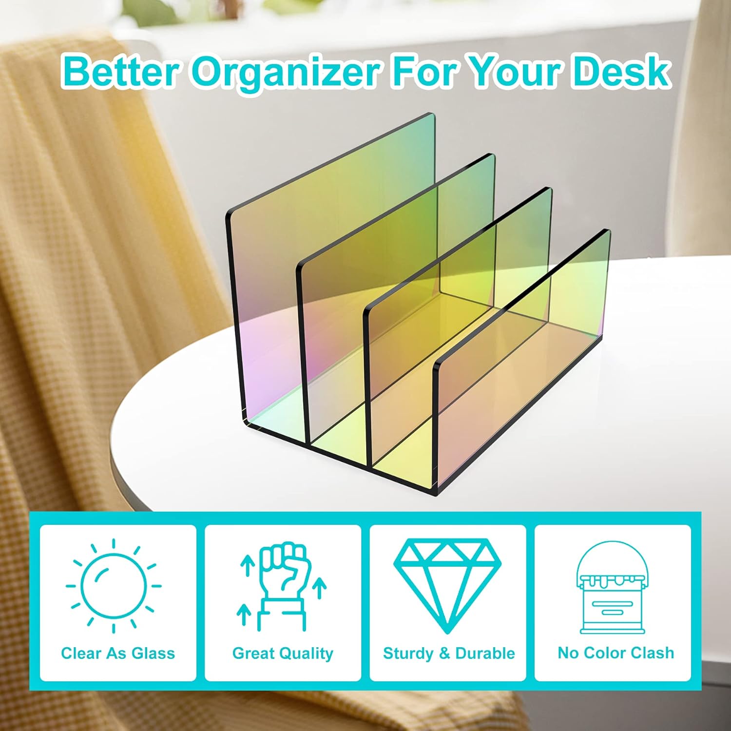 Boloyo Acrylic File Holder,1PC 3 Sections Rainbow File Organizer Mail Letter Sorter Desktop Folder Holder for Home Office School Envelope Bill Filling Paper Document