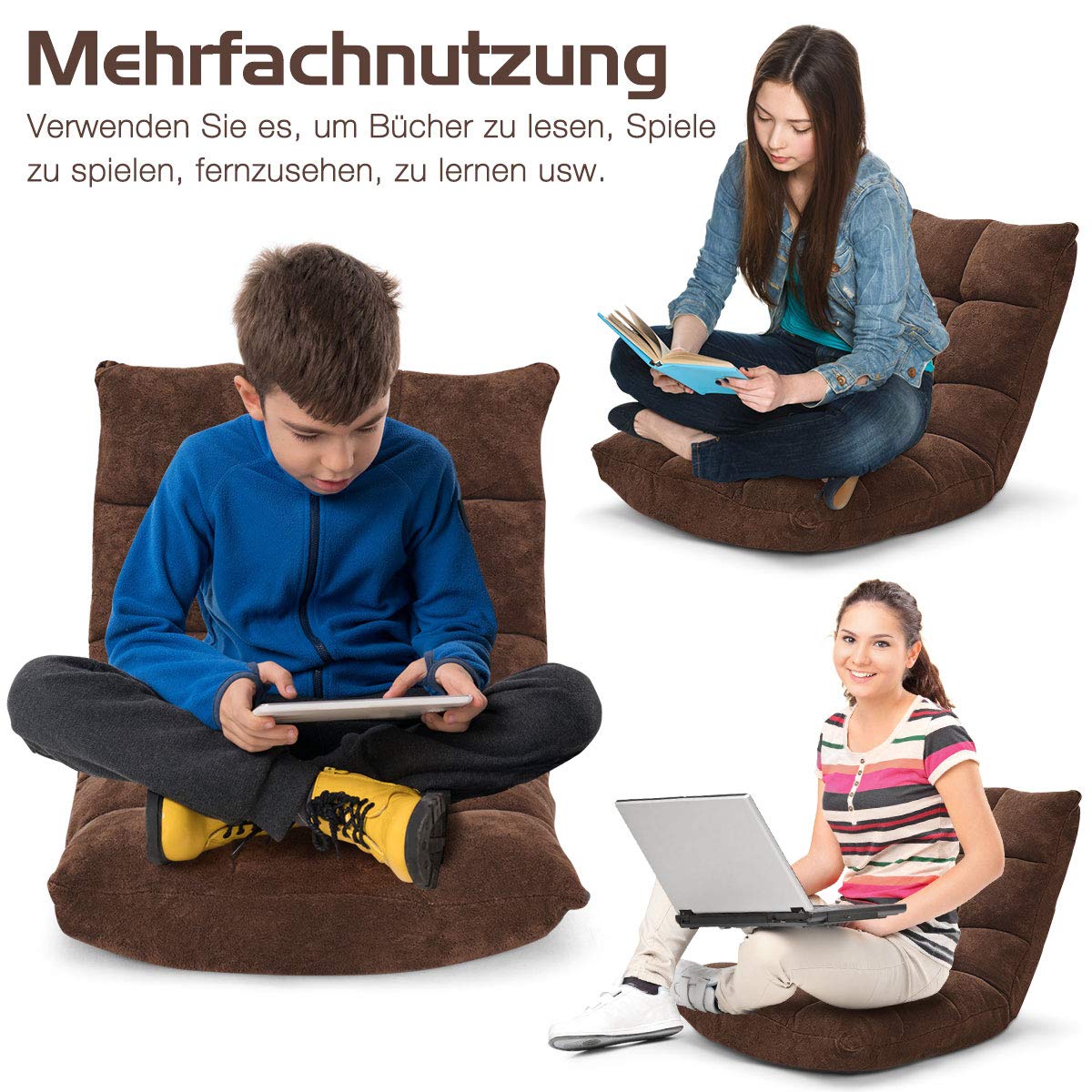 GOPLUS Krzesło podłogowe, sofa podłogowa z oparciem, fotel podłogowy z funkcją spania, krzesło piętro chair, Lazy sofa, krzesło do medytacji do salonu i na balkon (brązowe)