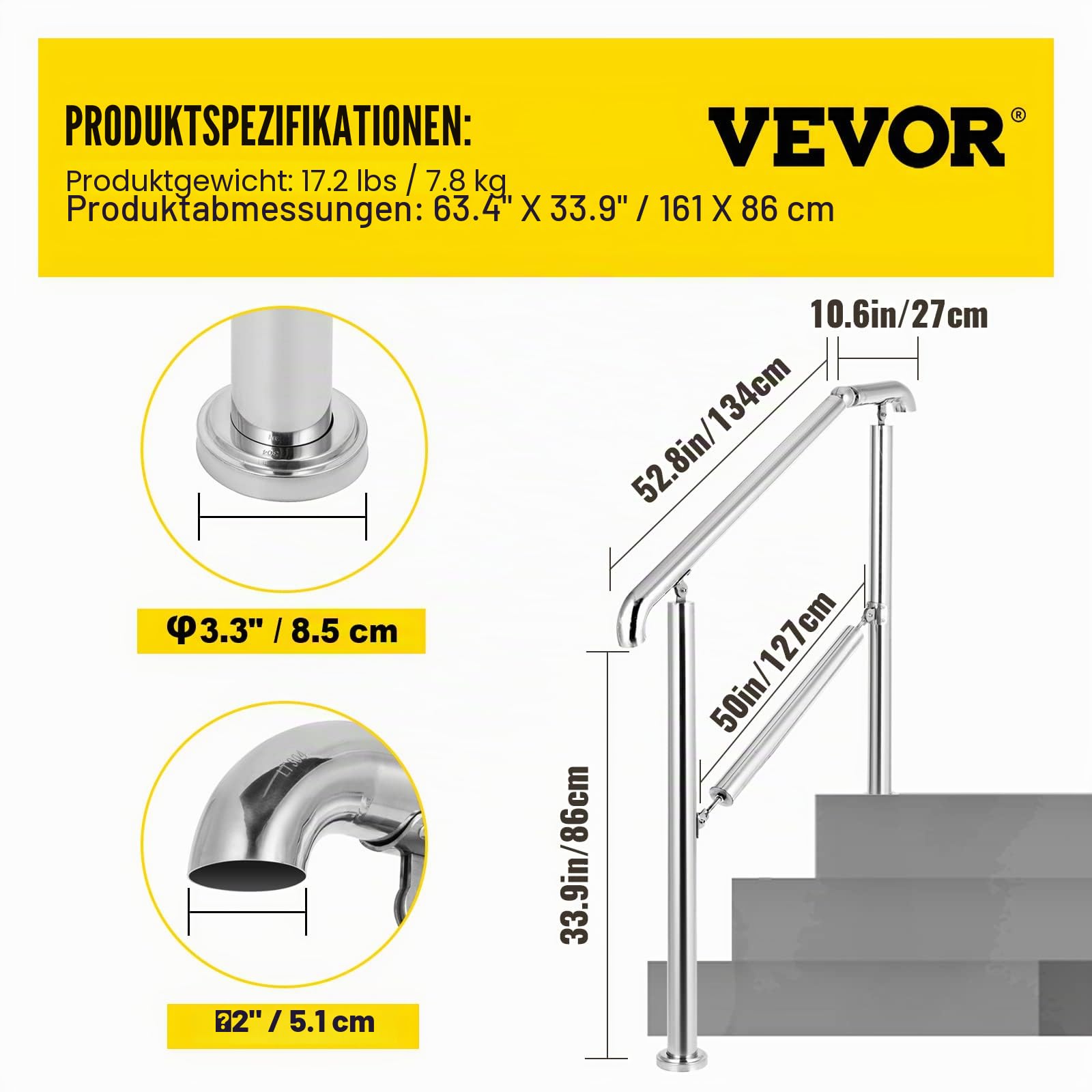 Happybuy Treppengeländer 5 Stufen, Handlauf Edelstahl mit Pfosten, Verstellbare Eingangsgeländer Silber 1,6 m
