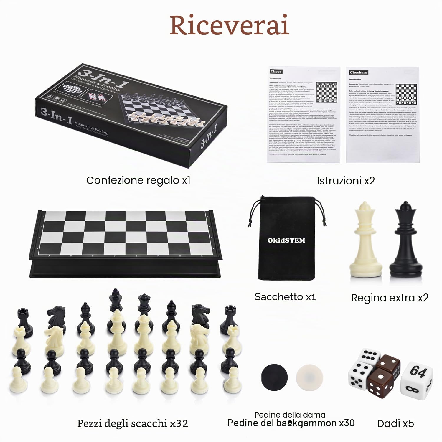 3 in 1 Magnetico Scacchiera/Backgammon/Dama, Gioco da Viaggio con Tavola Scacchi Pieghevole (Classico)