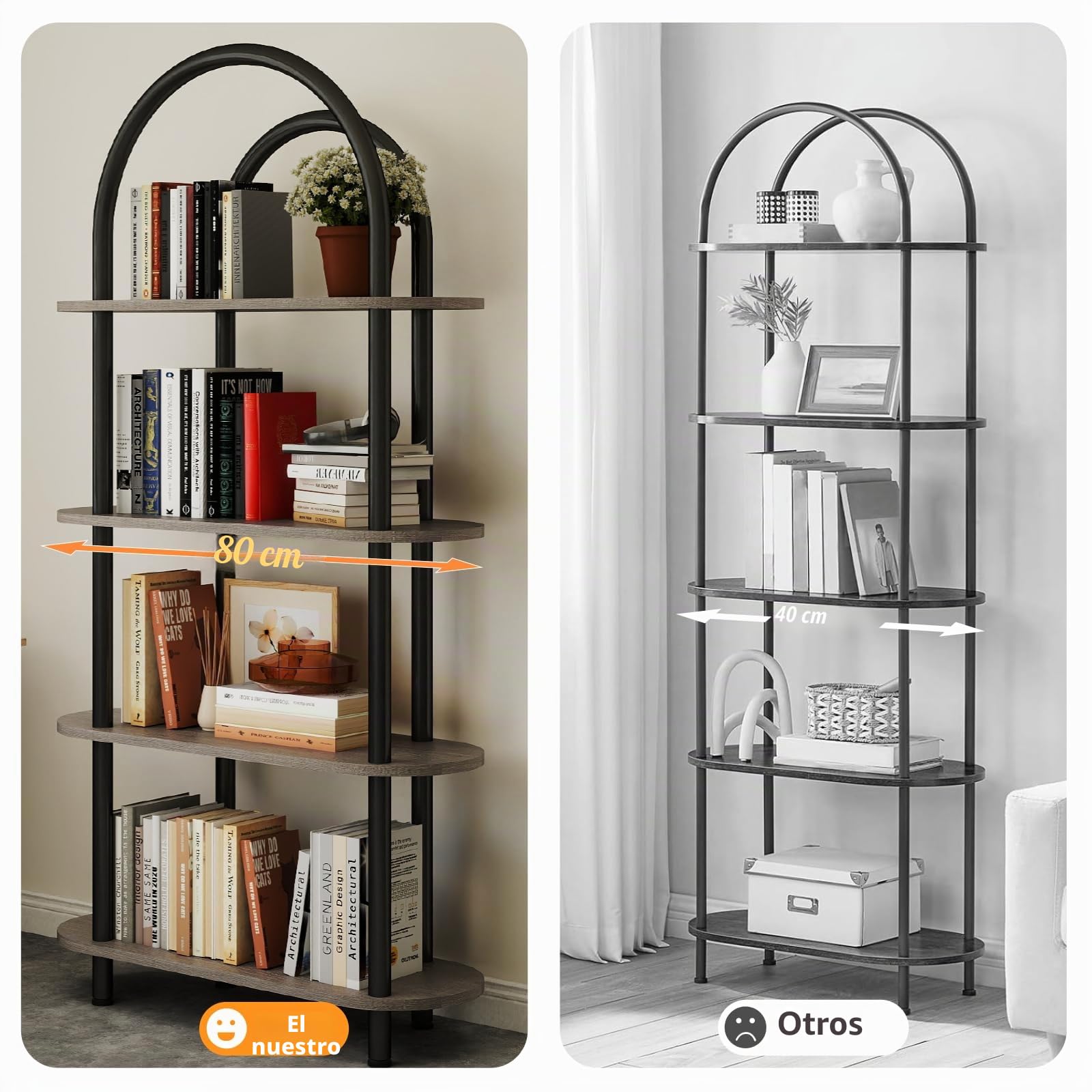 YOSHOOT Librería curva de 4 niveles con marco de metal y estantes de madera, 165,5 cm de alto, ideal para salón, estudio y oficina, 80 x 30 x 165,5 cm (roble gris)