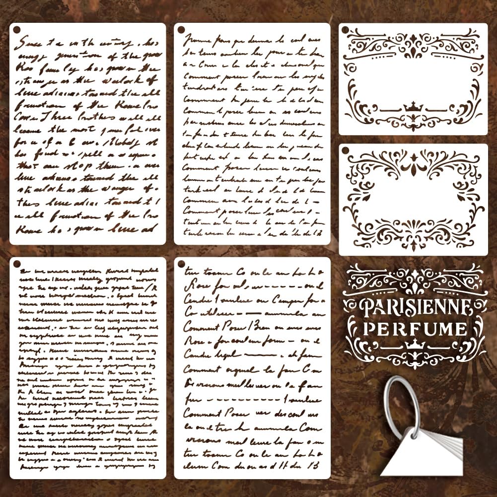 GOMAKERER 6 Sheets French Writing Stencils for Painting, 2 Sizes French Script Stencils Vintage Text Drawing Templates Plastic Art Templates for Painting on Wall Wood Home Decor