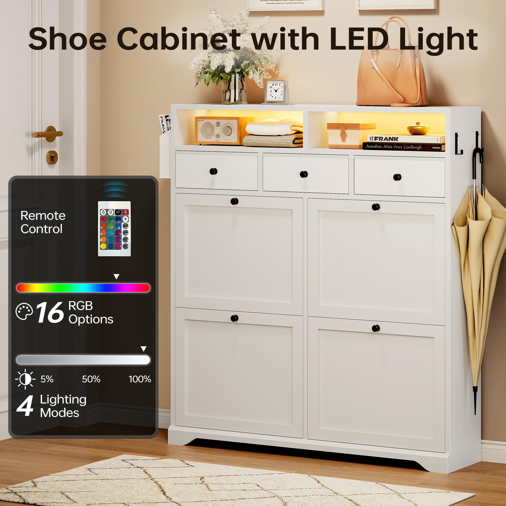 Dripex Schuhschrank schmal 4 Klappen und 3 Stoffschubladen, 96 x 24.5 x 111cm, Schuhkipper mit LED, Verstellbare Trennwände, 2 Kommode Schuhregal, 16-24 Paar Schuhe | Weiß