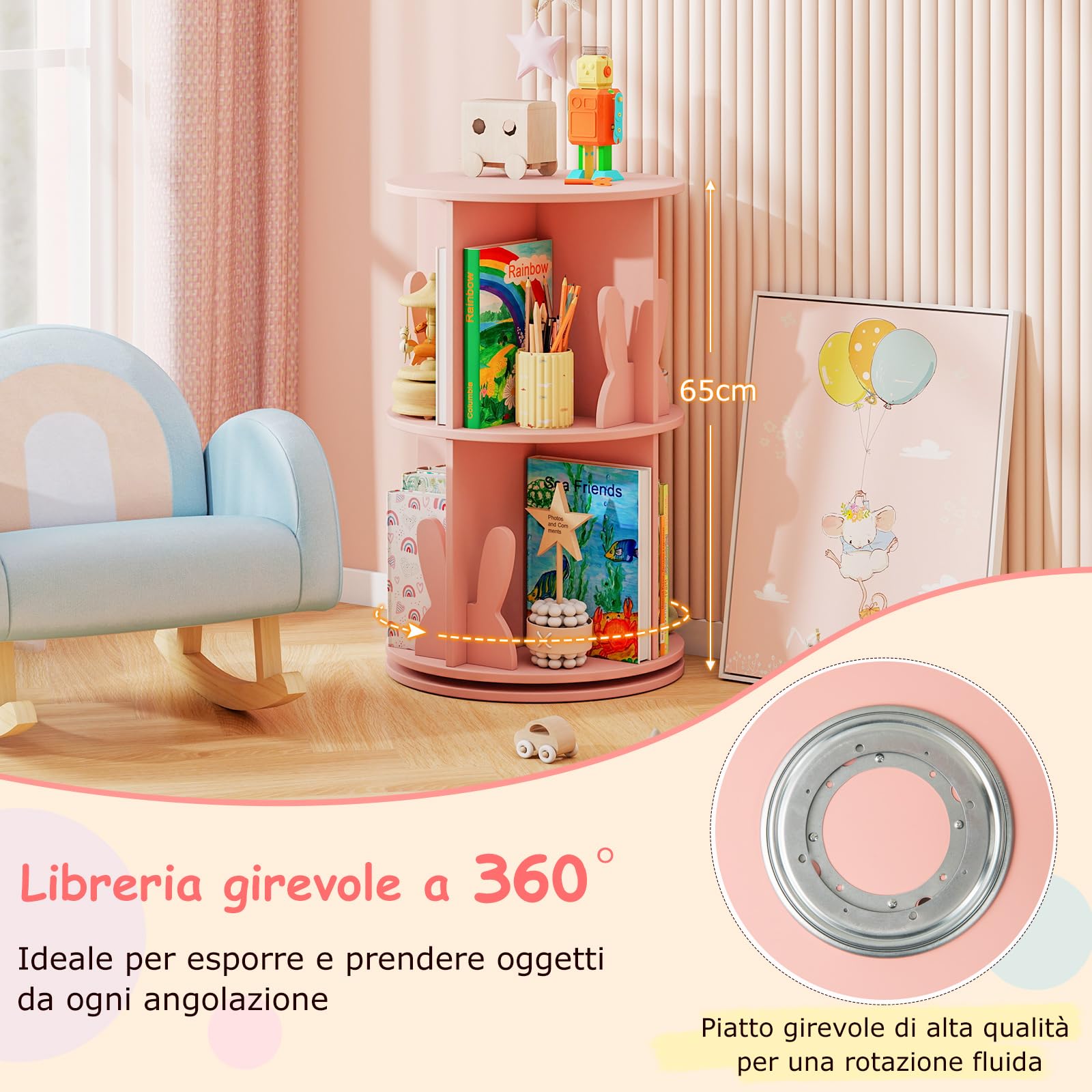 COSTWAY Libreria Girevole per Bambini, Scaffale Moderna in Legno a 2 Ripiani, Libreria Salvaspazio per Soggiorno, Camera da Letto e Studio, 40 x 65 cm (Rosa)