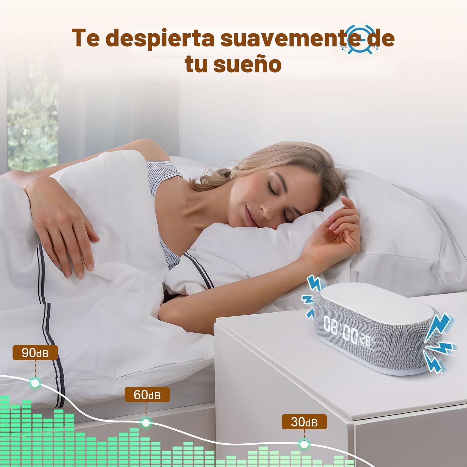 Despertador Digital 4 en 1, Cargador Inalámbrico, Despertador Inteligente con indicador de luz y Temperatura, Brillo Ajustable