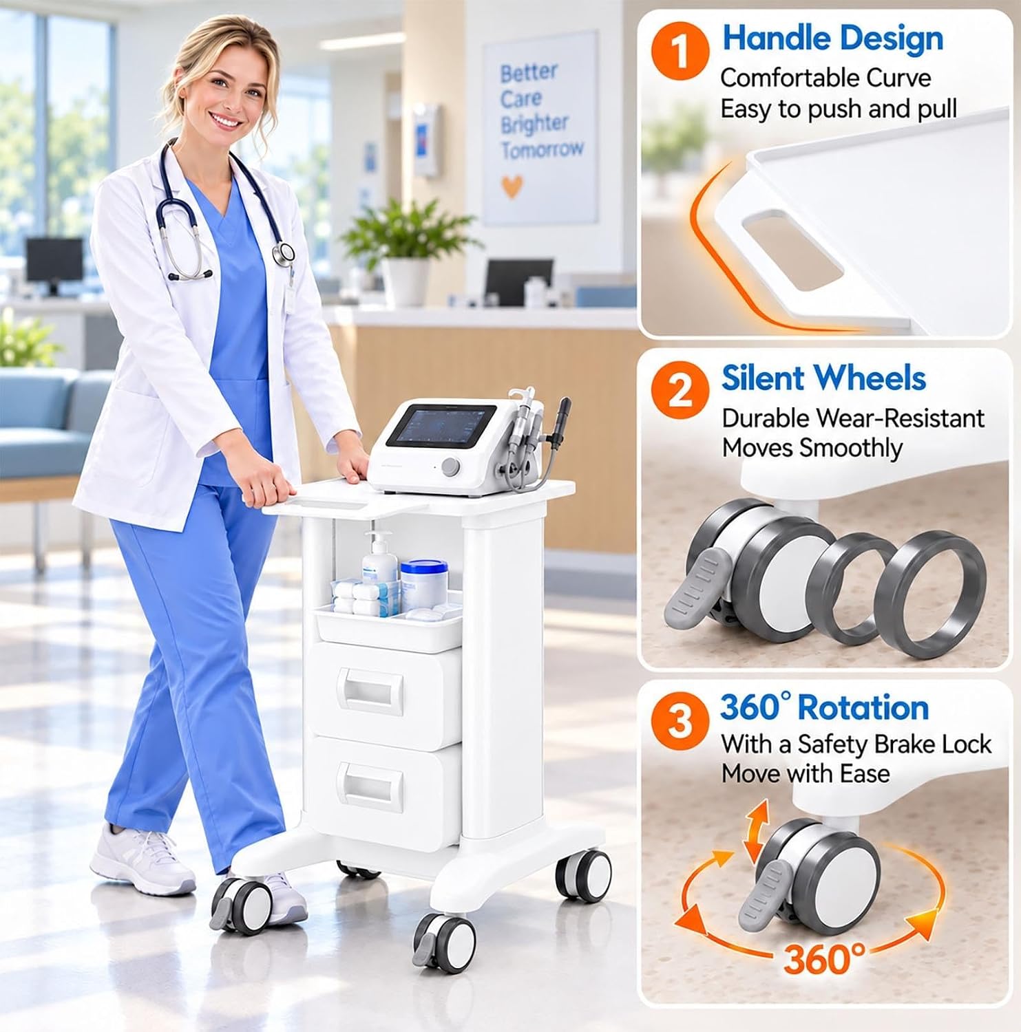 Medical Trolley Cart with Wheels Esthetician Cart with Storage Drawers Postpartum Nursing Cart with Storage Tray Small Rolling Utility Cart for Beauty Salon Pedicure(White)