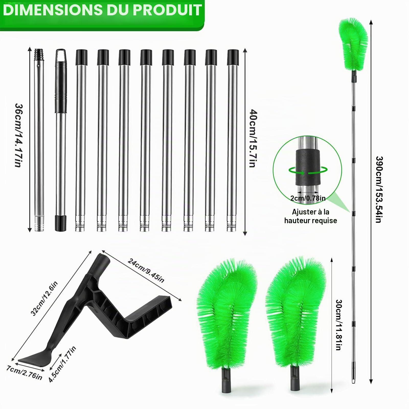 2 en 1 Nettoyeur Gouttiere,390cm Brosse de Gouttière avec Manche Télescopique et Brosse/Pelle,Nettoyeur de gouttières,Facile à Démonter, pour Nettoyer les Feuilles,les,Fenêtres,Lustres